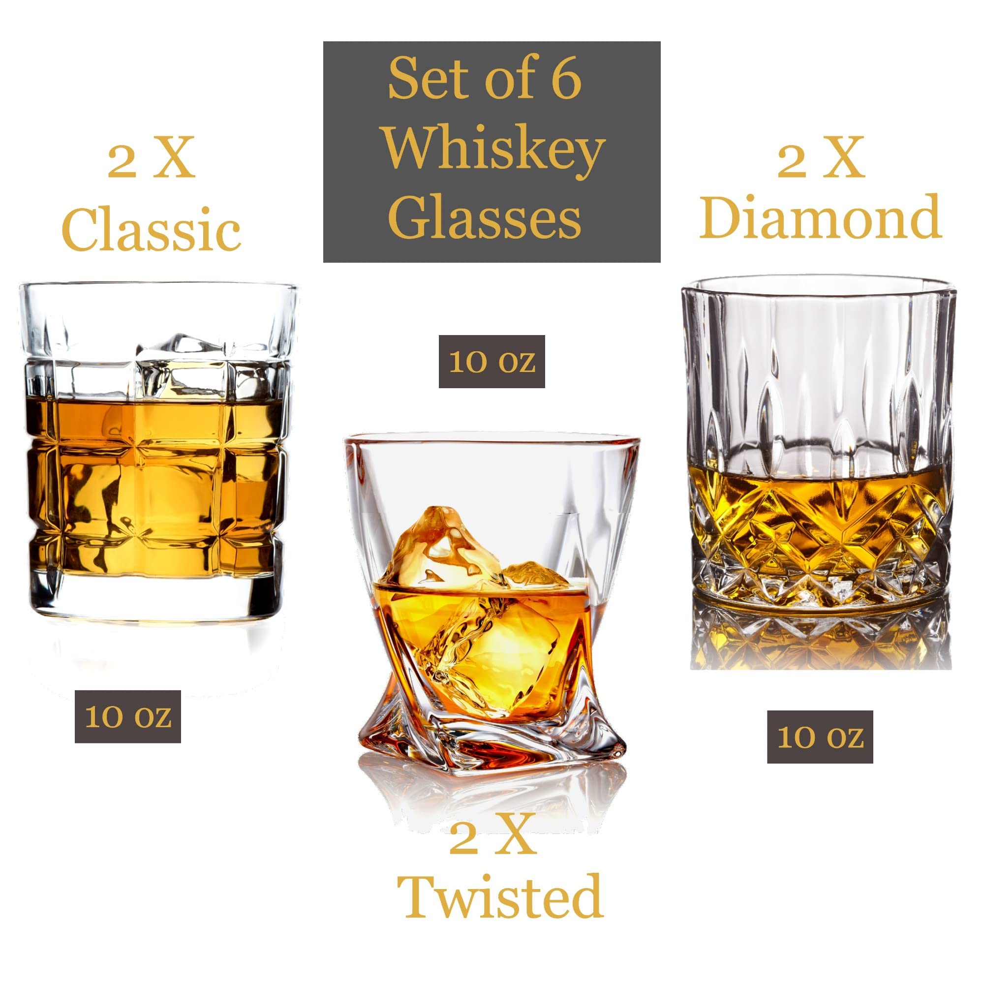Bezrat 6-Piece Whiskey Glass Set - 10 oz Scotch & Bourbon Glasses for Cocktails & Gifts - Perfect for Home Bar & Parties