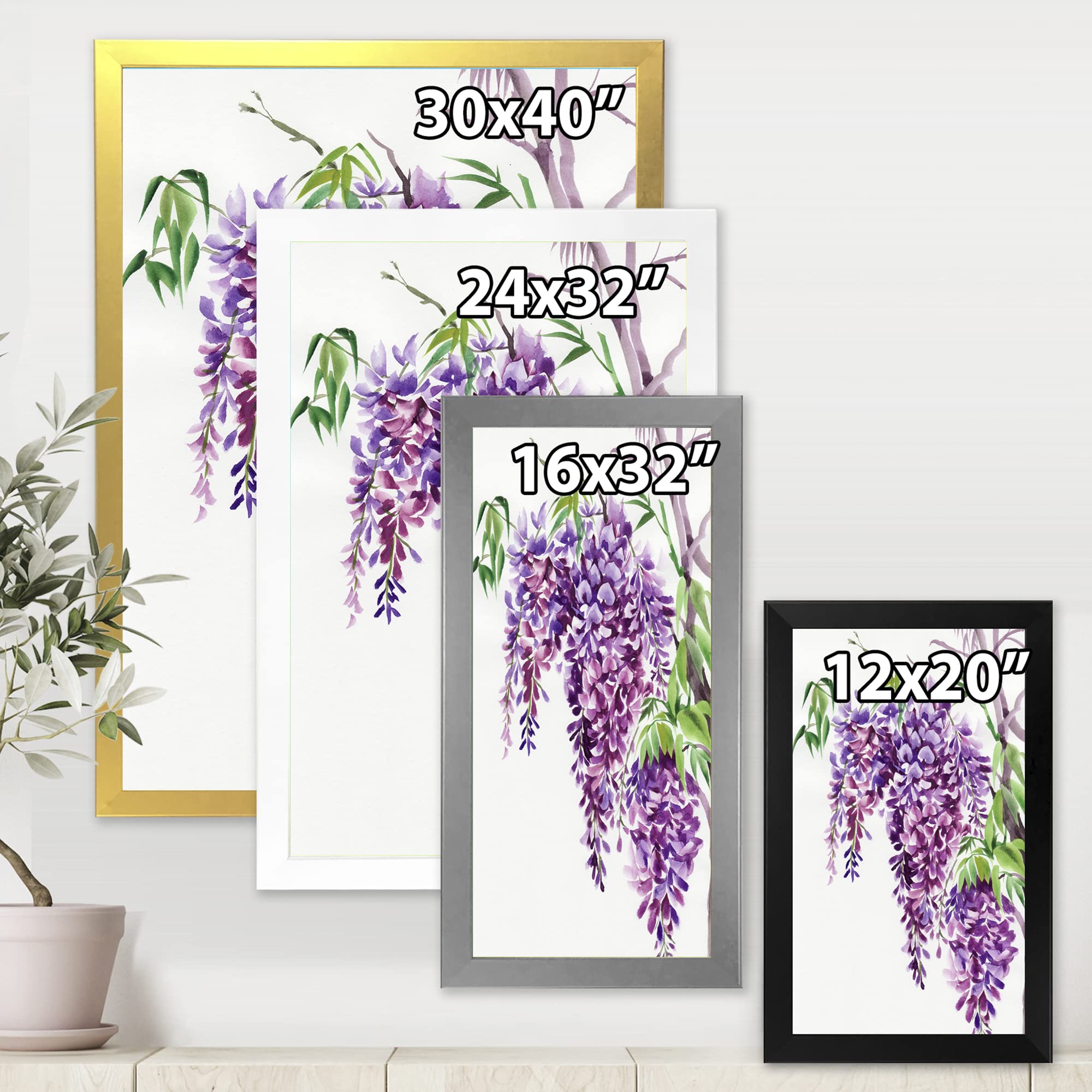 Purple Wisteria Branches Framed Wall Art - Traditional Floral Home Decor for Living Room, Bedroom & Office