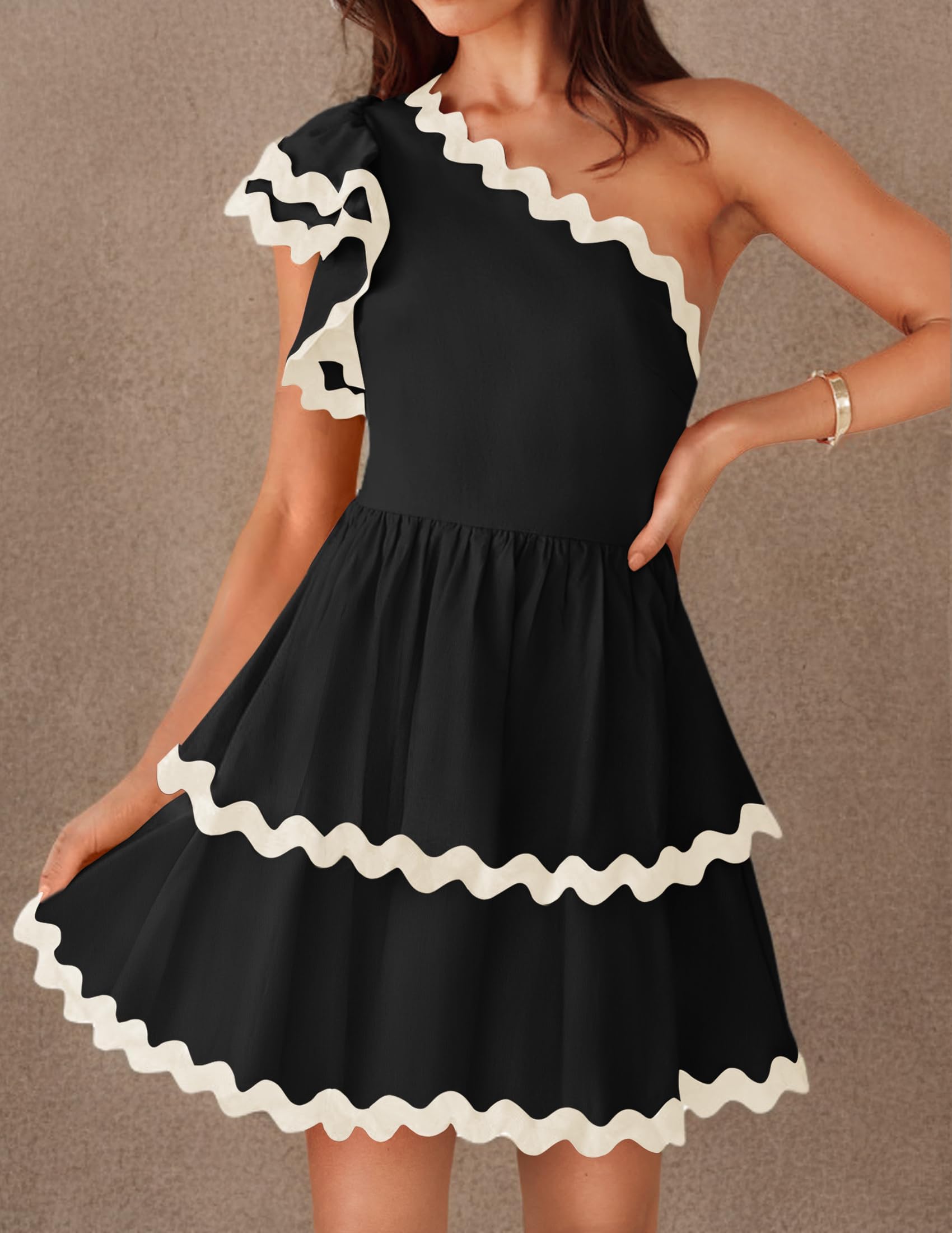 ZESICA Women's One Shoulder Ruffled Tiered Mini Sundress - Summer 2025 Short Sleeve A-Line Swing Dress for Beach Vacation, Party & Date Night