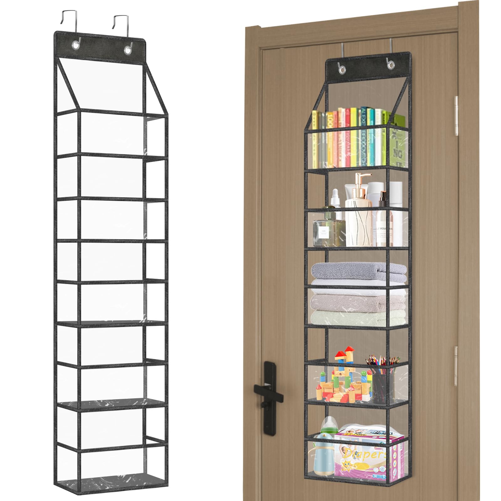 Black 5-Tier Over The Door Hanging Pantry Organizer with Clear Plastic Pockets - Space Saving Storage Solution for Closet, Bedroom, Bathroom - Perfect for Organizing Snacks, Toiletries & Cleaning Supplies