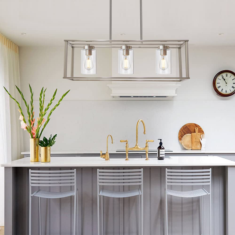 VINLUZ 3-Light Brushed Nickel Linear Chandelier with Clear Glass Shade - Modern Kitchen Island Pendant Light, Farmhouse Dining Room Ceiling Fixture for Living Room, Bar & Restaurant Lighting - Perfect for Home Decor and Commercial Spaces