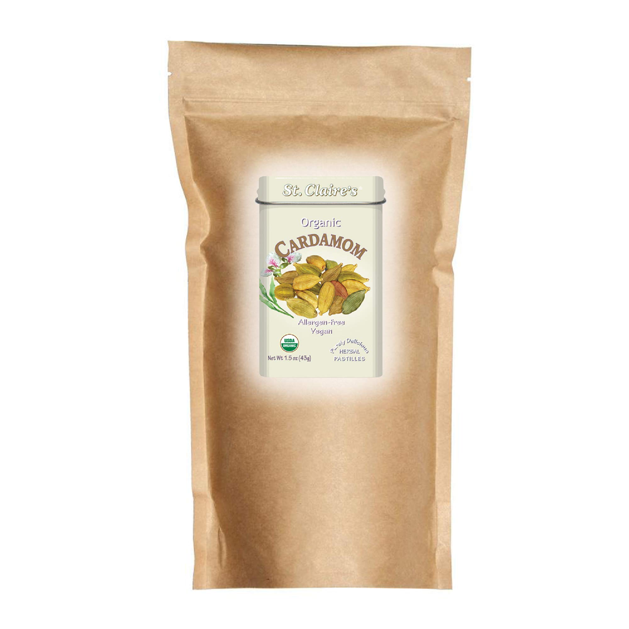 Organic Cardamom Herbal Pastilles by St. Claire's - 27oz Refill Bag | Gluten-Free, Vegan, Non-GMO, Plant-Based, Allergen-Free Candy | Made in Dedicated Allergy-Safe Facility | Perfect for Travel, Office Snacks & Digestive Wellness