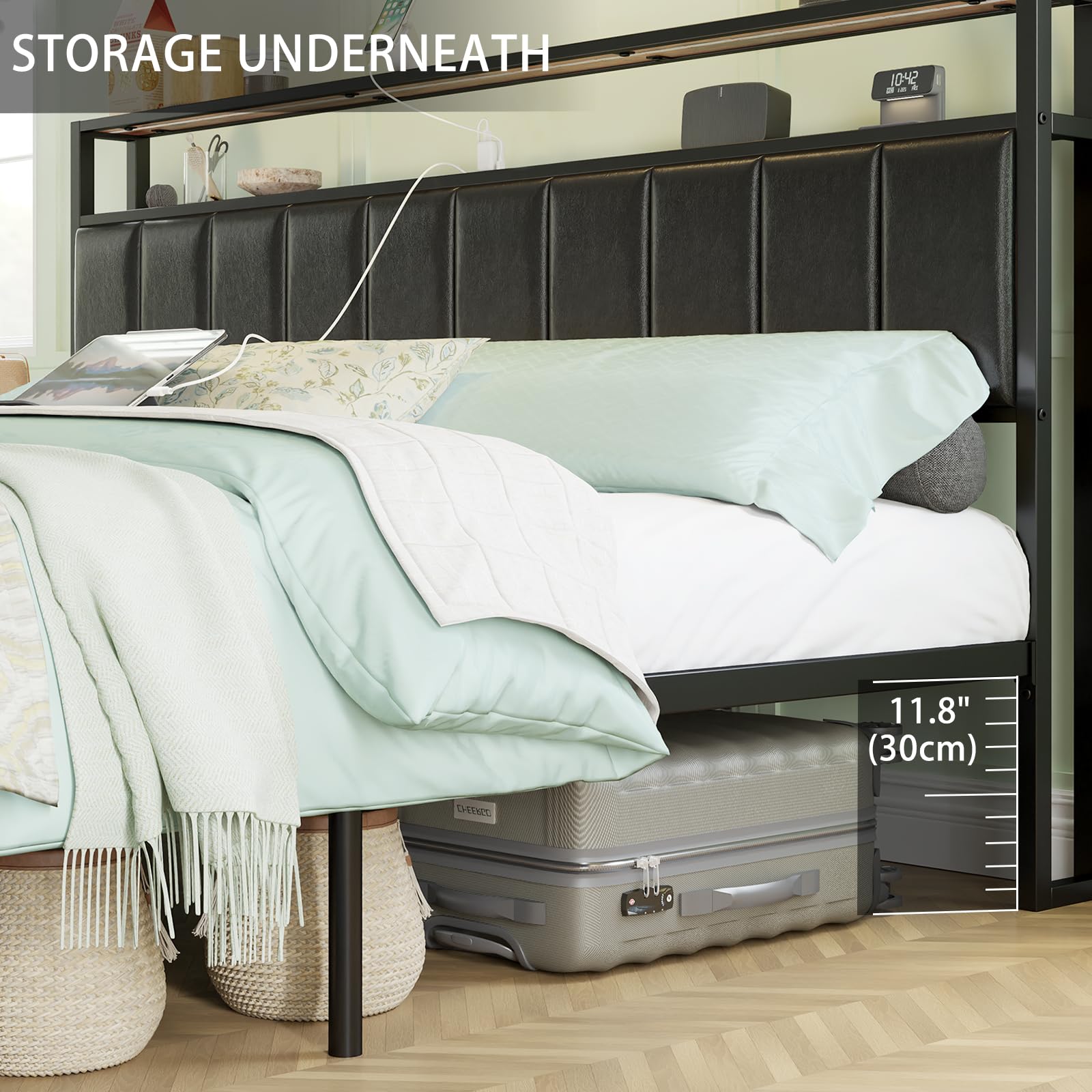 AMERLIFE Queen LED Bed Frame with 2-Tier Storage Drawers, Leather Upholstered Platform Bed with USB Charging Station Headboard - No Box Spring Needed, Easy Assembly, Noise Free, Black - Perfect for Modern Bedrooms, Small Spaces & Tech-Savvy Users