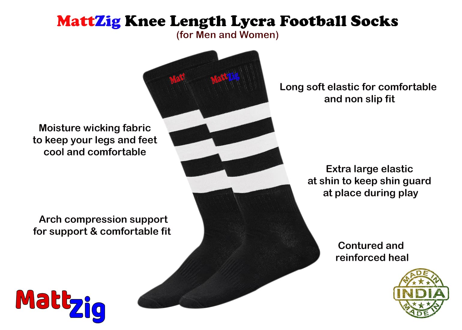 MattZig Indian Pro Football Kit - Black & White Soccer Socks & Shin Guards Set for Men & Youth | Perfect for Training, Matches & Sports Enthusiasts