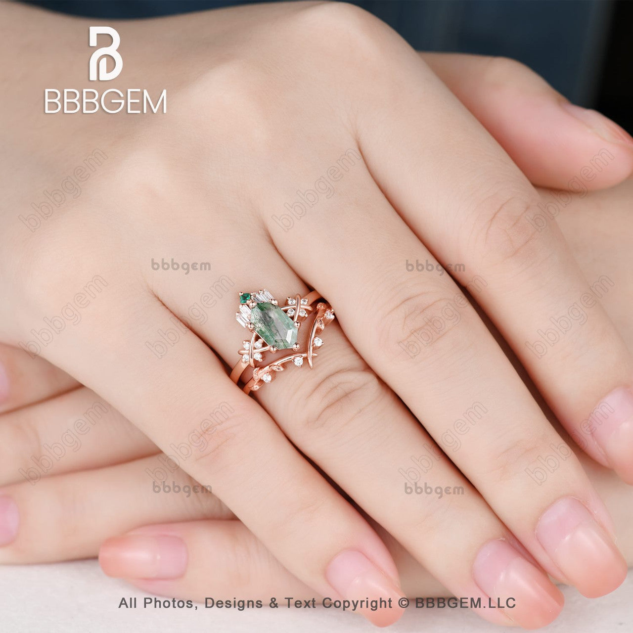 14K Rose Gold Long Hexagon Green Moss Agate Wedding Ring Set - Elegant Elongated Moss Agate Bridal Rings for Engagement, Anniversary & Special Occasions