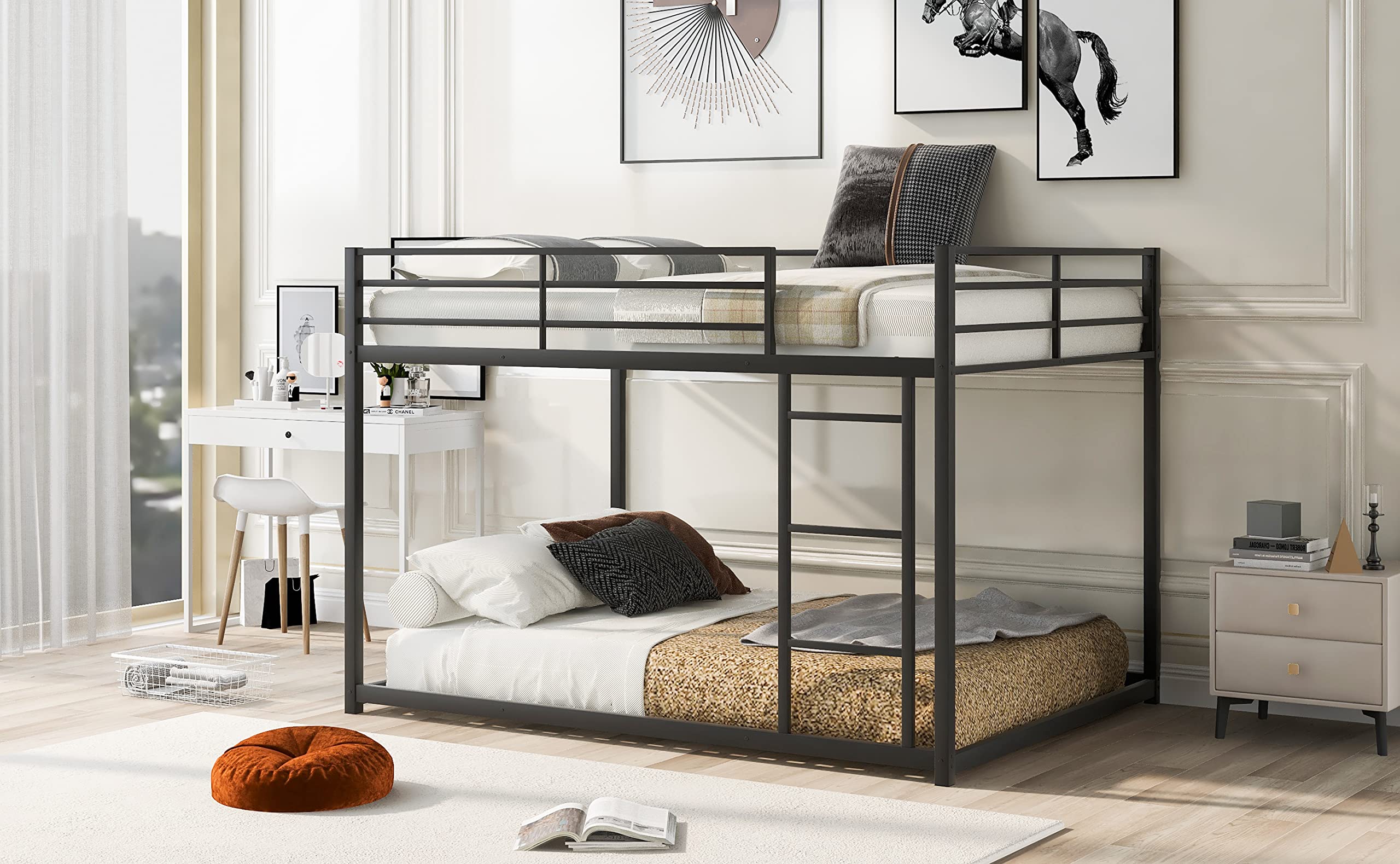 Sturdy Metal Bunk Bed with Safety Rails & Ladder - Heavy Duty Low Profile Design for Kids, Teens & Adults - No Box Spring Required (Black) - Perfect for Dorms, Small Bedrooms & Guest Rooms