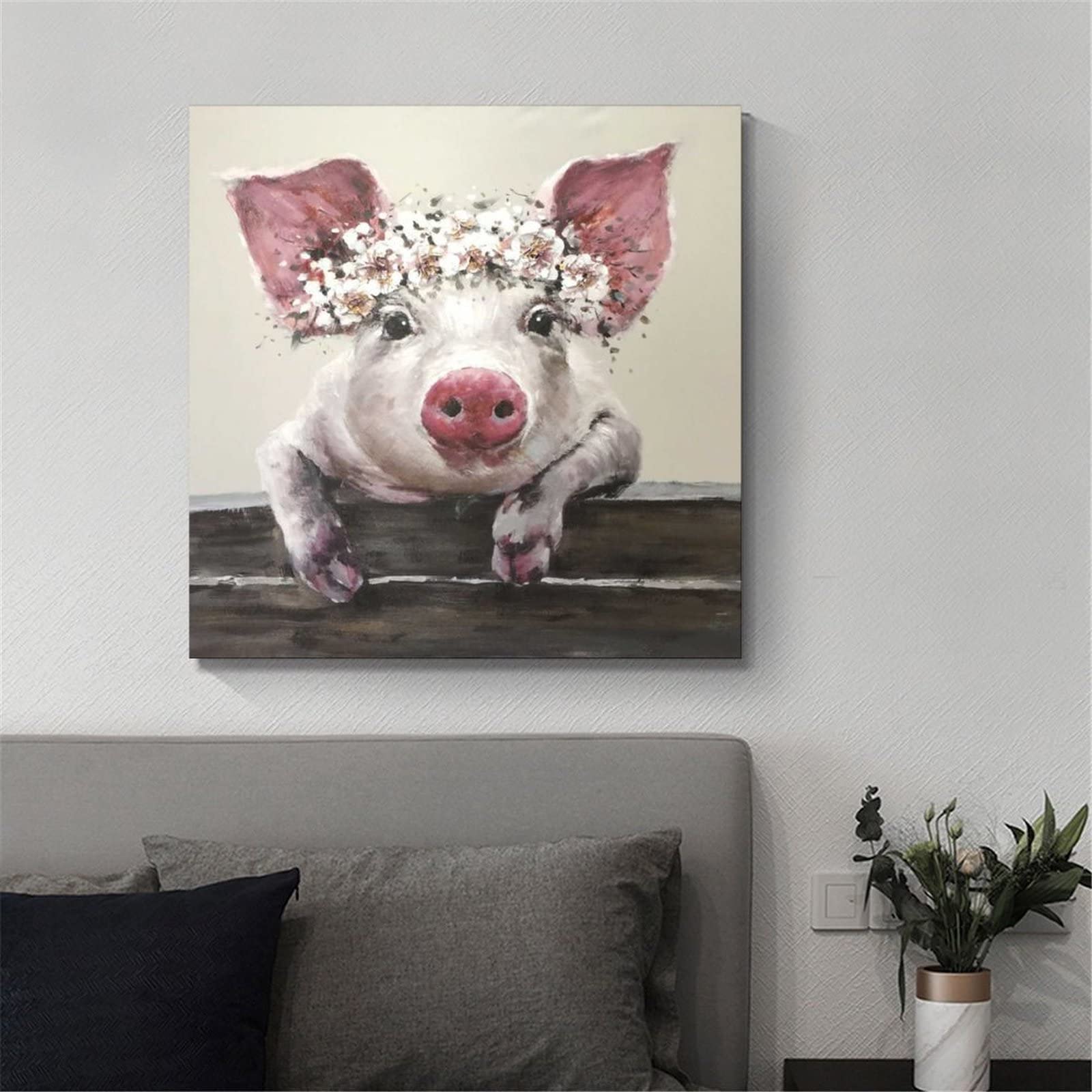 LIIJPGG Floral Crown Pig Canvas Wall Art - 12x12 Inch (30x30cm) Modern Home Decor Painting for Living Room, Bedroom & Nursery - Perfect for Farmhouse, Bohemian & Kids Room Decor