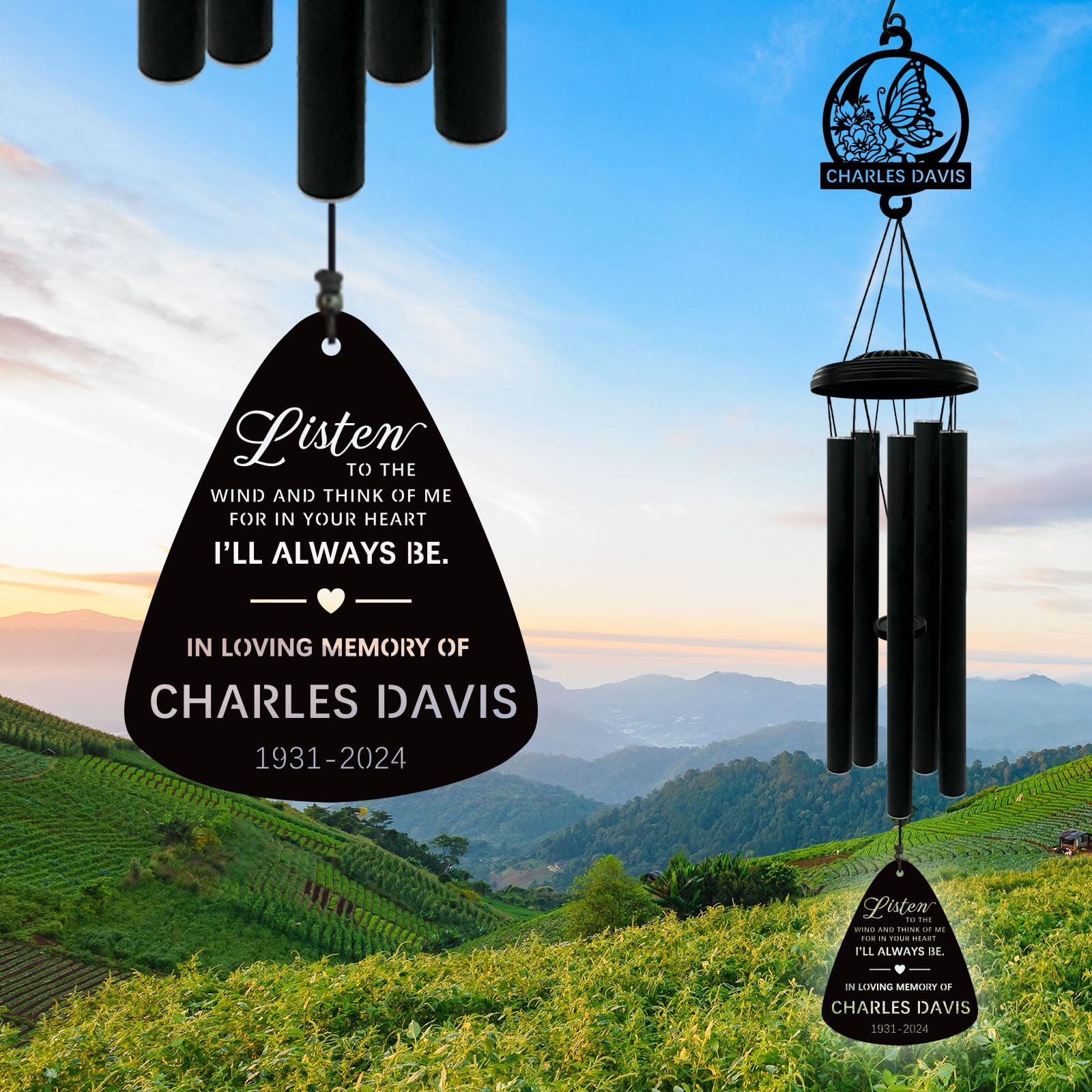 **38 Inch Personalized Butterfly Memorial Wind Chimes - Custom Sympathy Gift for Loss of Loved One, Mom, or Family - Memorial Wind Chimes for Outdoor Garden, Patio, or Cemetery Decor**