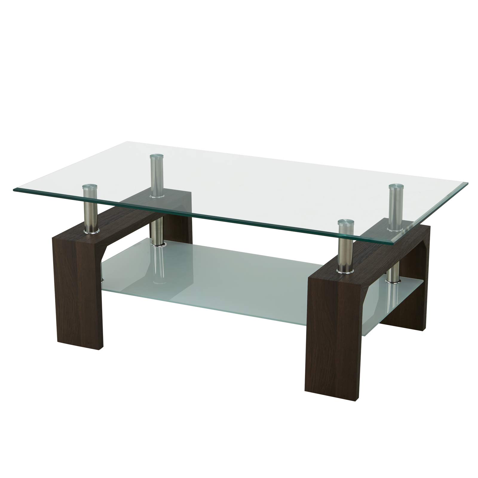 Modern Rectangle Glass Coffee Table with Brown Wooden Legs & Lower Shelf - Stylish Living Room Furniture for Small Spaces, Home Decor, and Lounge Areas