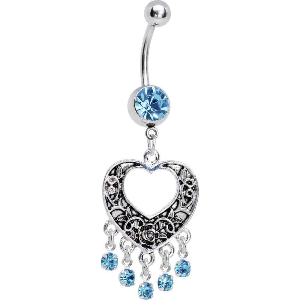 Body Candy Brilliant Blue Hollow Heart Chandelier Belly Ring - Stylish Navel Piercing Jewelry for Women, Perfect for Parties & Beach Outfits