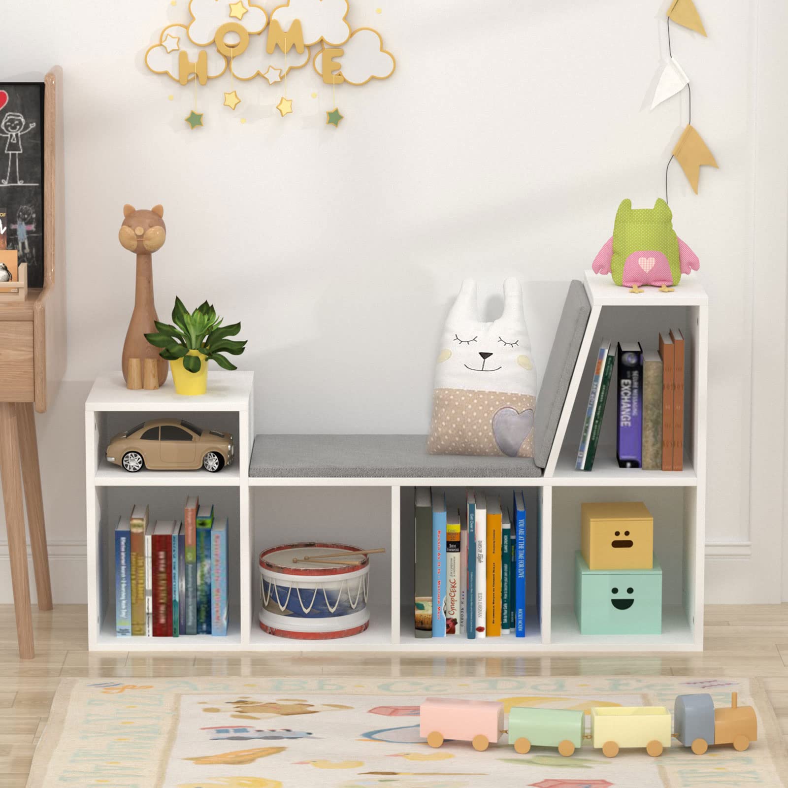 Kids Reading Nook with Storage - 6-Cubby Wooden Bookshelf & Bench Seat Organizer for Toddlers & Children - Perfect for Bedrooms, Classrooms & Playrooms (White)