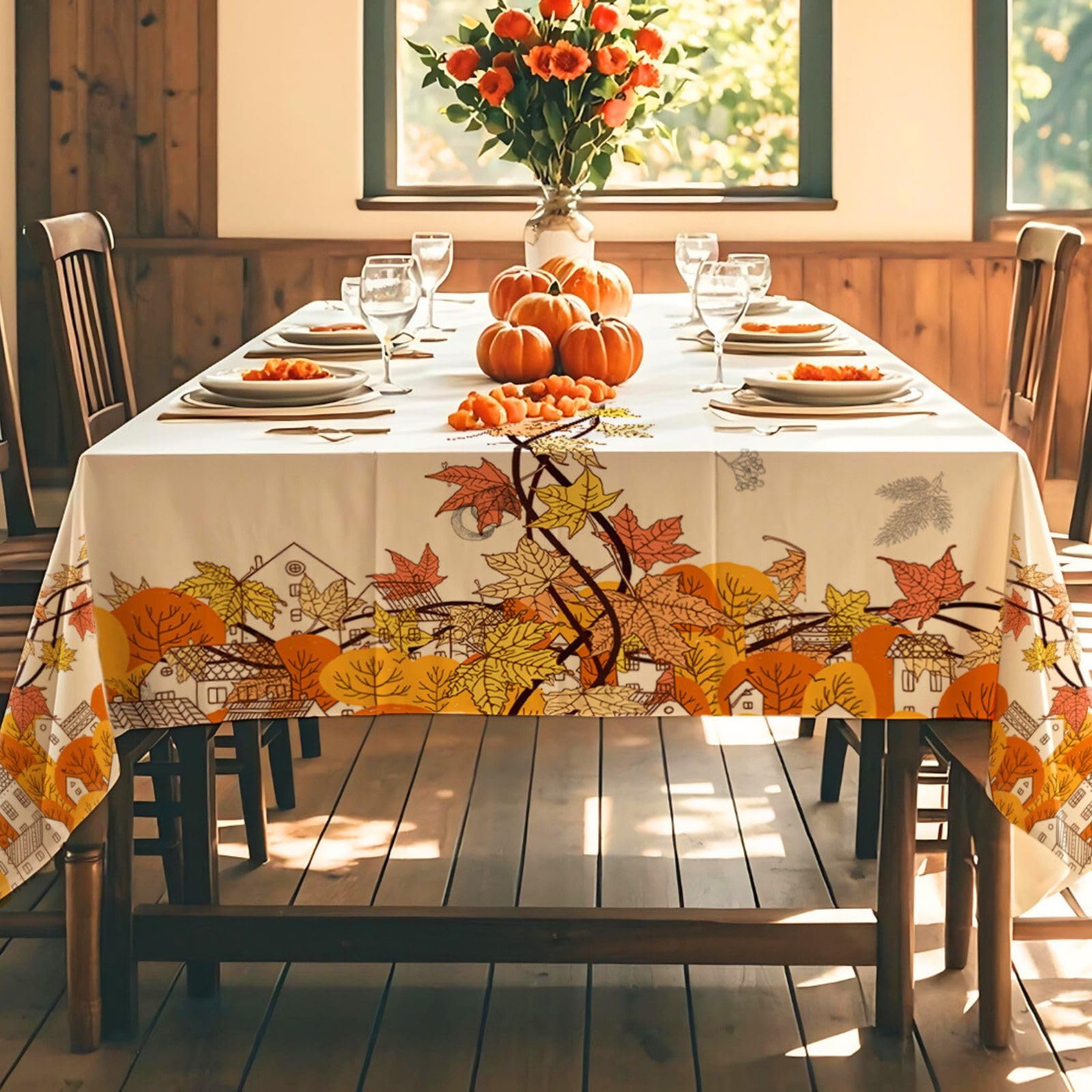 Spill-Proof Polyester Maple Leaf Tablecloth for Rectangle Tables - Washable Harvest & Thanksgiving Dining Decor (60