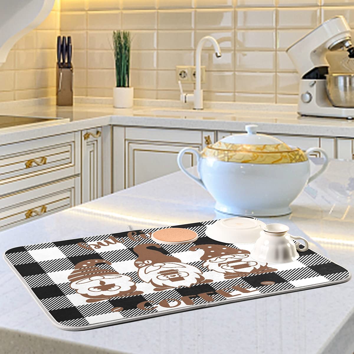 Absorbent Microfiber Coffee Gnome Plaid Dish Drying Mat - 16x18 Inch Kitchen Counter Decor, Drainer Pad for Dishes & Utensils | Perfect for Farmhouse, RV & Small Space Kitchens