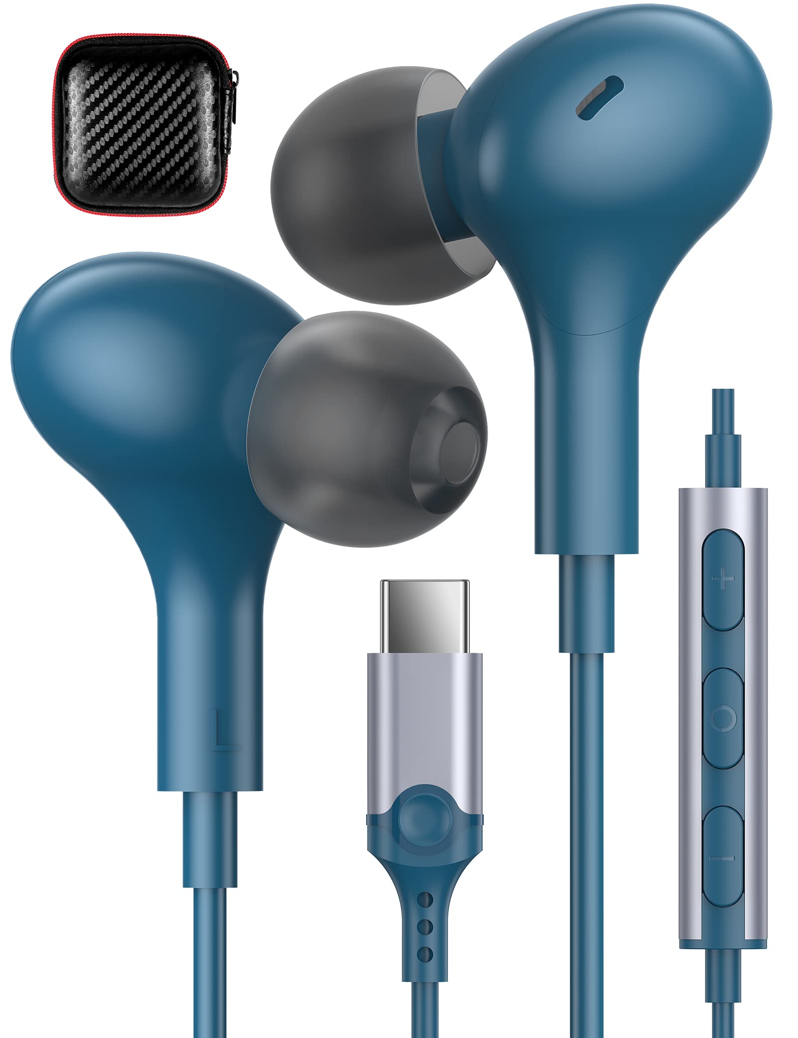 USB C Wired Earbuds with Microphone - Compatible with iPhone 16/15 Pro Max, iPad, Samsung Galaxy S25/S24 Ultra, Google Pixel 9/8, OnePlus - Noise Isolating In-Ear Headphones (Lake Blue) - Perfect for Work Calls, Gaming & Commuting
