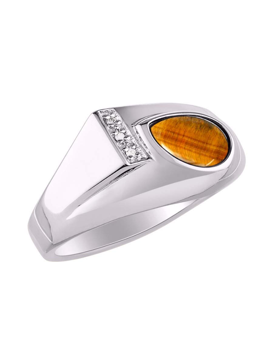 Exquisite Rylos Men's Pear Shape Cabochon Gemstone & Diamond Ring - Sterling Silver Tear Drop Wedding Band (Sizes 8-13) - Perfect for Engagement, Anniversary & Formal Occasions