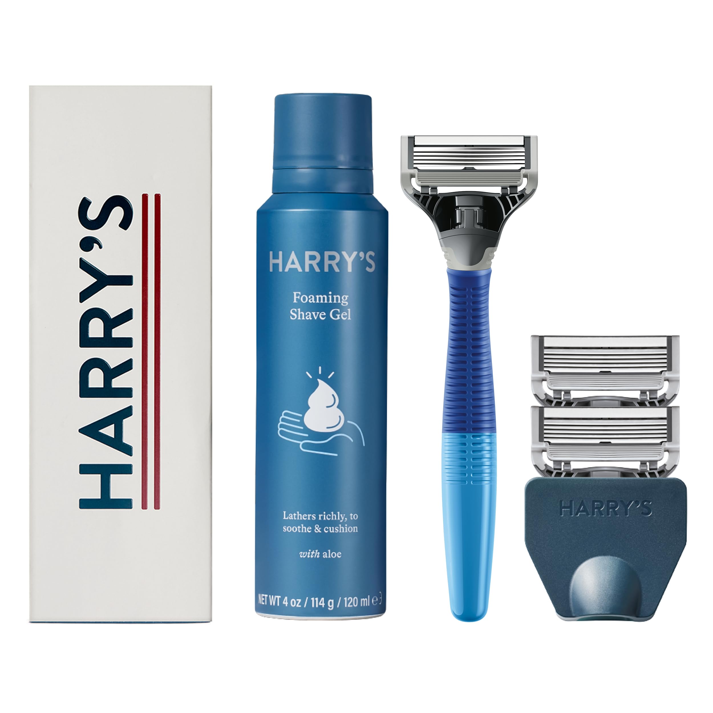 Premium Harry's Men's Shaving Kit - Ocean Blue Razor Handle with 3 Blade Refills, Foaming Shave Gel & Travel Cover | Smooth Shave for Travel, Gifts & Daily Grooming Routine