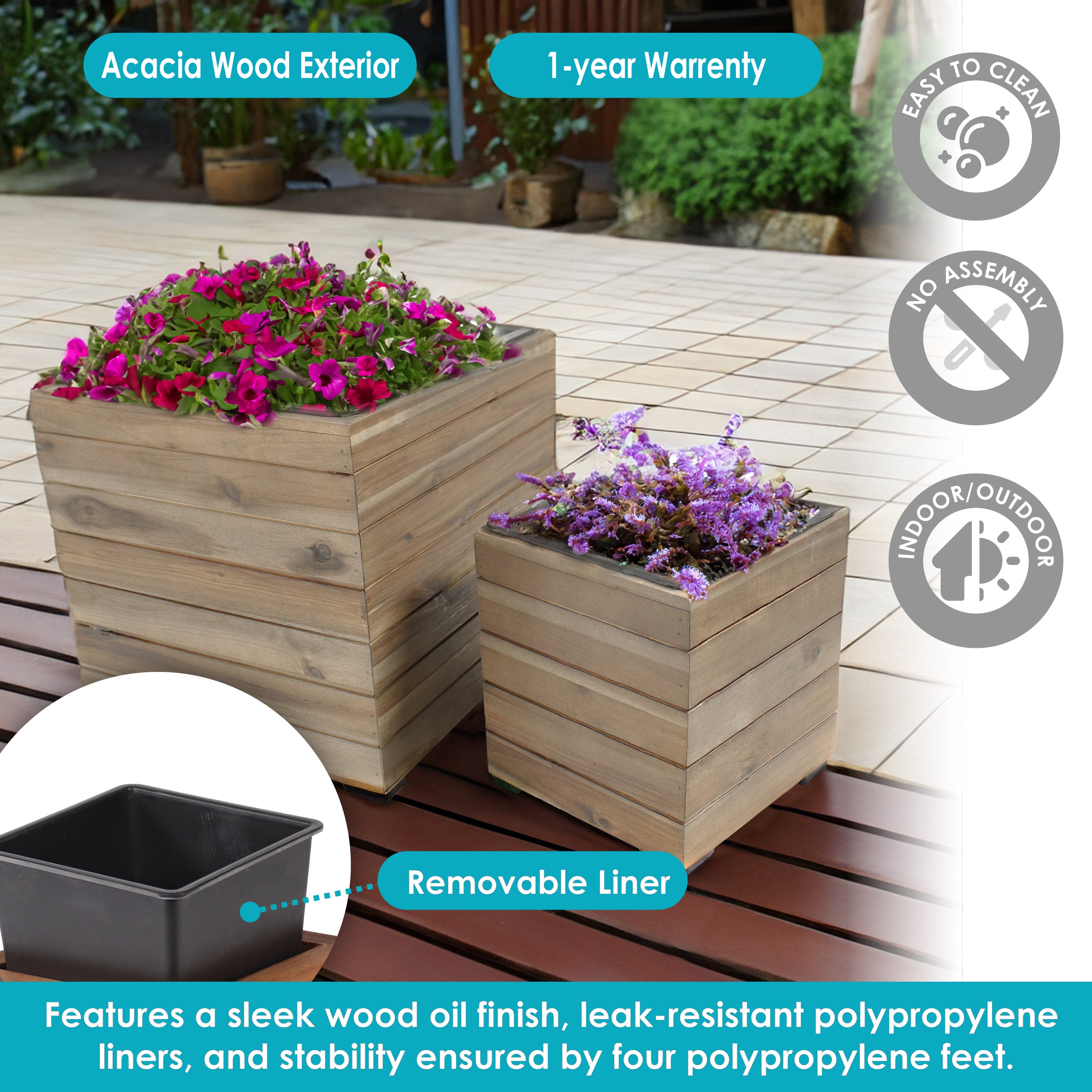 Sunnydaze 2-Piece Wooden Planter Box Set with Plastic Liners - Outdoor Garden Decor for Flowers, Herbs & Plants - Perfect for Patio, Balcony & Backyard Gardening