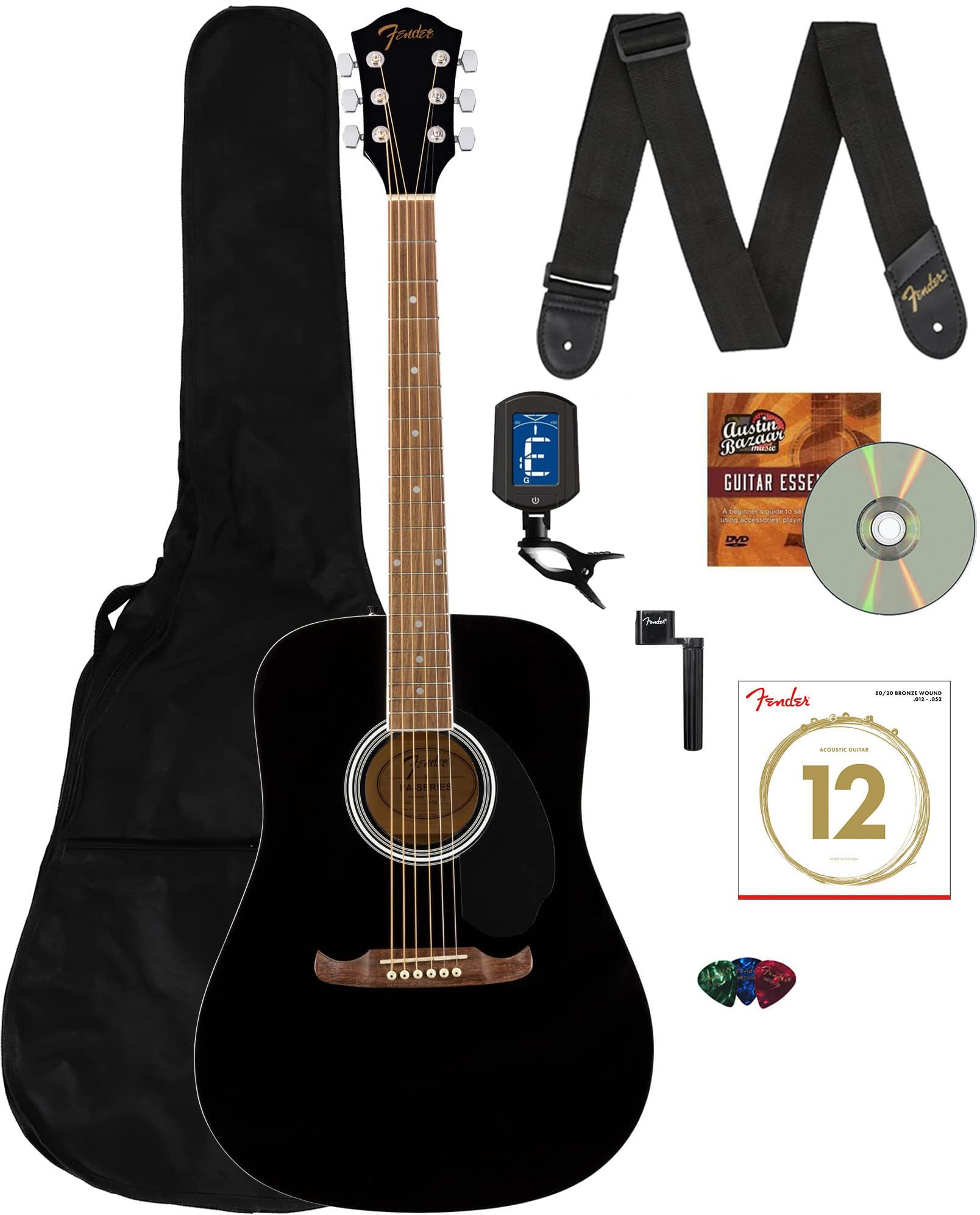 Fender FA-125 Dreadnought Acoustic Guitar Bundle - Black with Gig Bag, Tuner, Strap, Strings, Picks & Instructional DVD | Perfect for Beginners, Campfire Singalongs & Home Practice