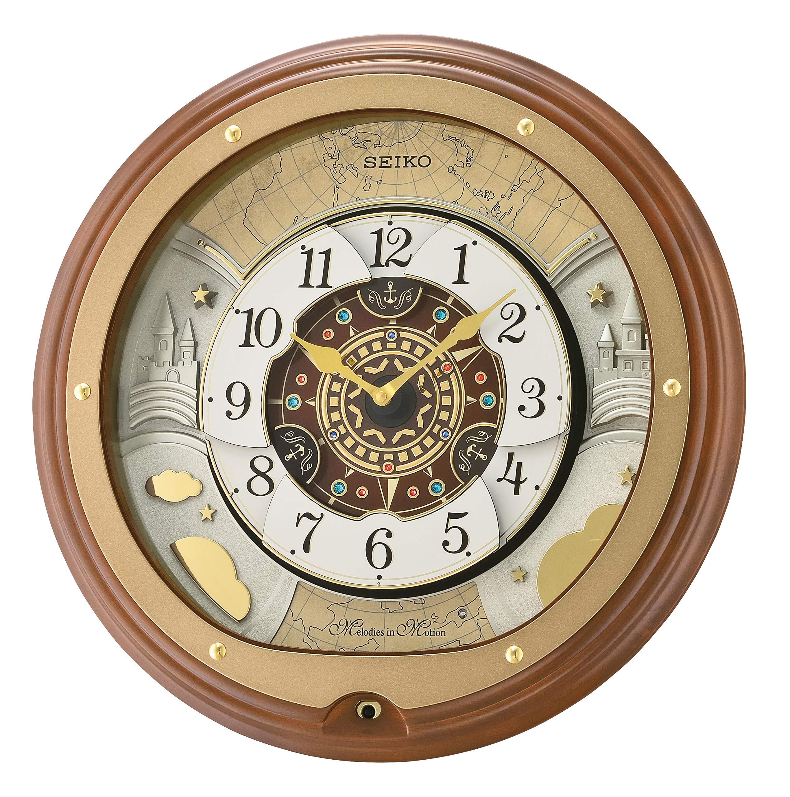 Seiko Melodies in Motion Wall Clock with Atlas Design - Battery Operated Musical Quartz Clock for Living Room, Bedroom & Office Decor
