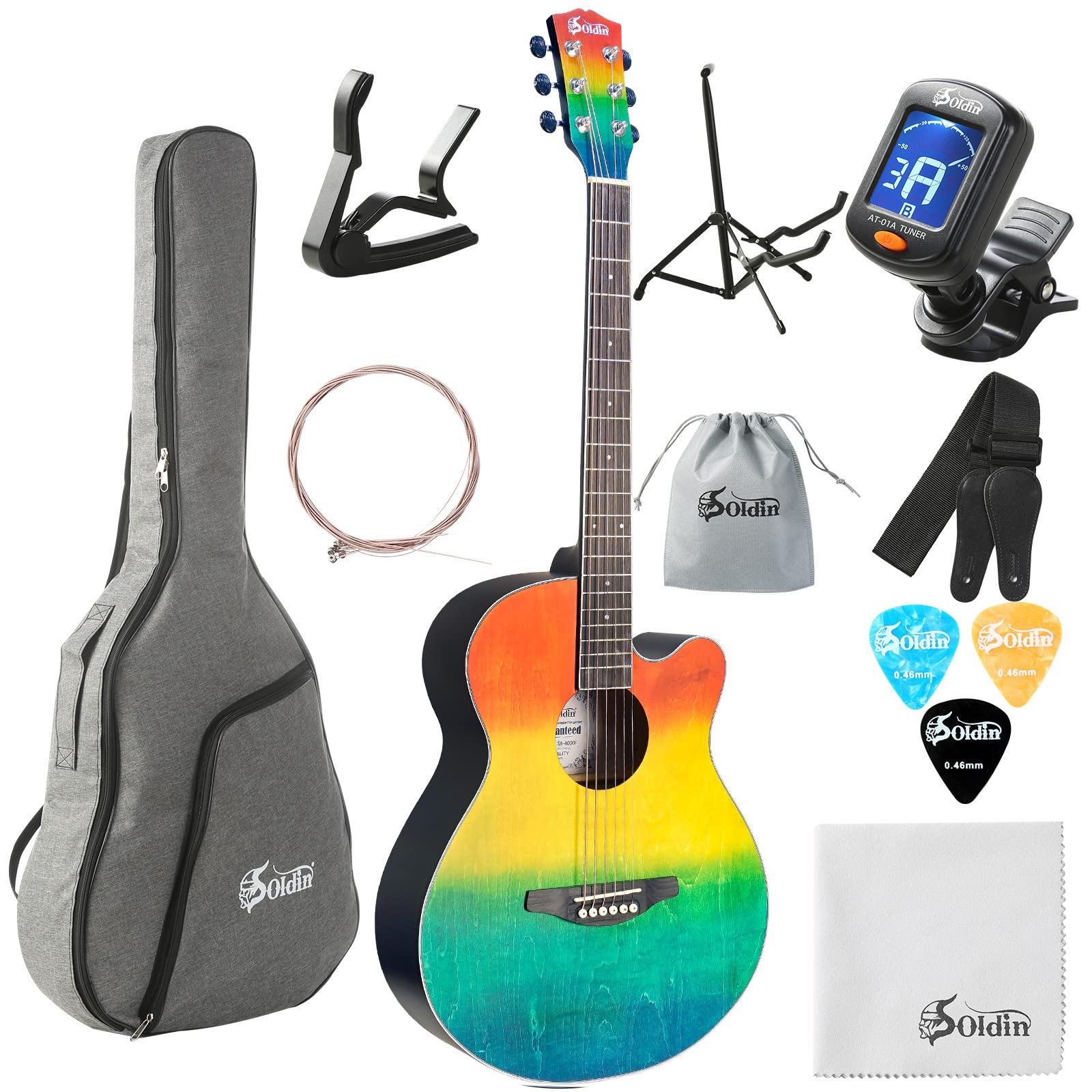 40 Inch Acoustic Guitar for Beginners with Cutaway Design - Complete Starter Kit Includes Gig Bag, Stand, Tuner, Strap, Capo, Strings, Cleaning Cloth & Picks (Rainbow Color) - Perfect for Home Practice, Travel & Outdoor Performances