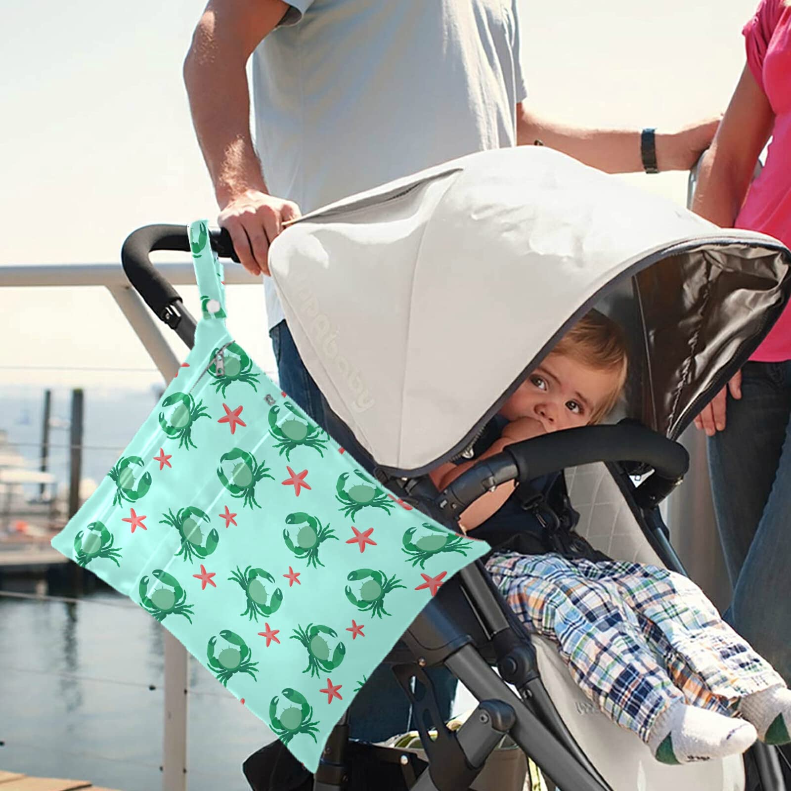 Funny Crab Starfish Wet Bag 2Pcs - Waterproof Reusable Zippered Diaper Bag for Travel, Beach & Daycare | Washable Storage for Swimsuits, Gym Clothes & Toiletries | Perfect for Baby Stroller, Pool & Sports Gear