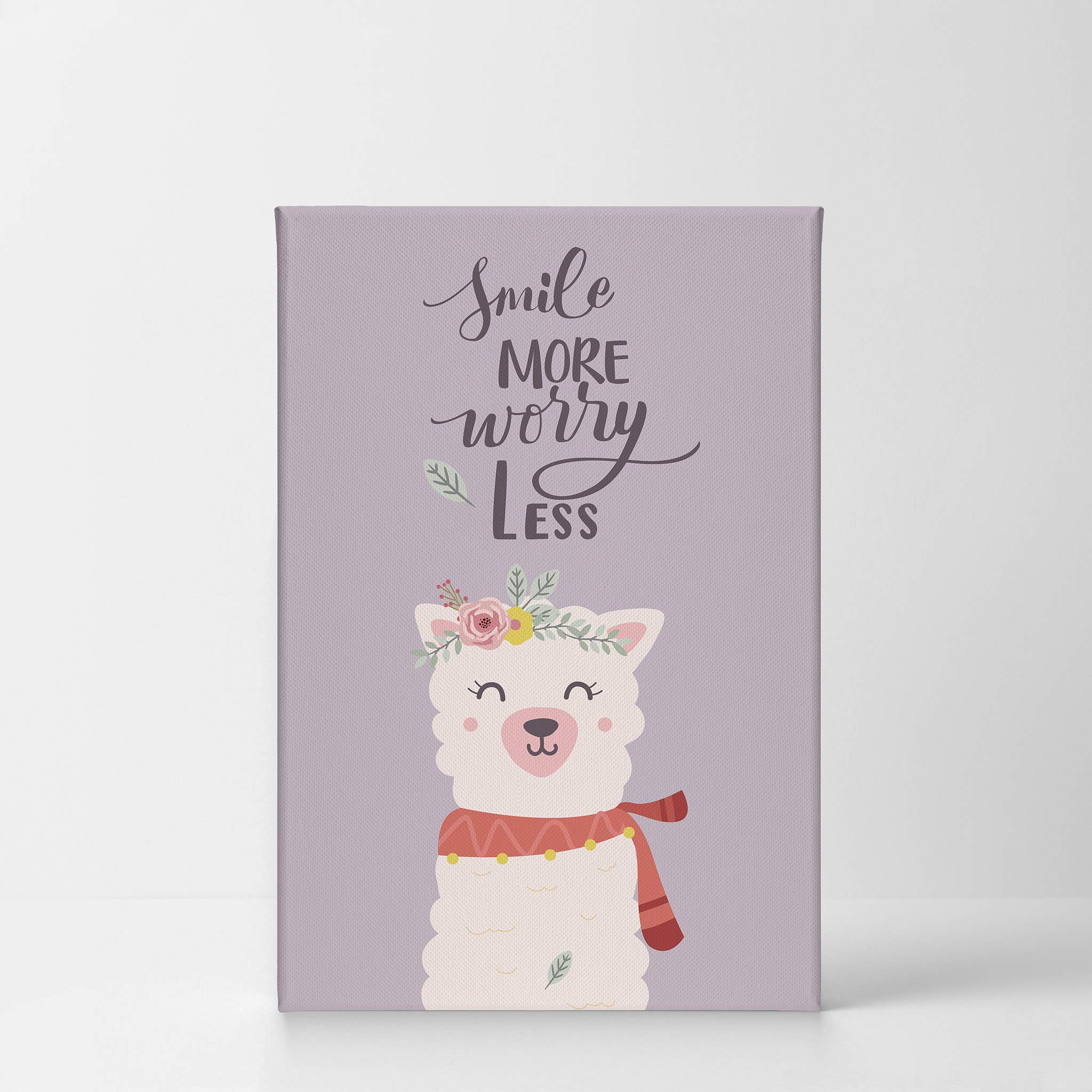 Smile More Worry Less - Cute Alpaca Canvas Wall Art Print with Purple Background | 40x30 Inches Ready to Hang | Perfect for Kids Room, Nursery & Baby Room Decor | Made in USA | Wall Art for Bedroom, Playroom & Classroom