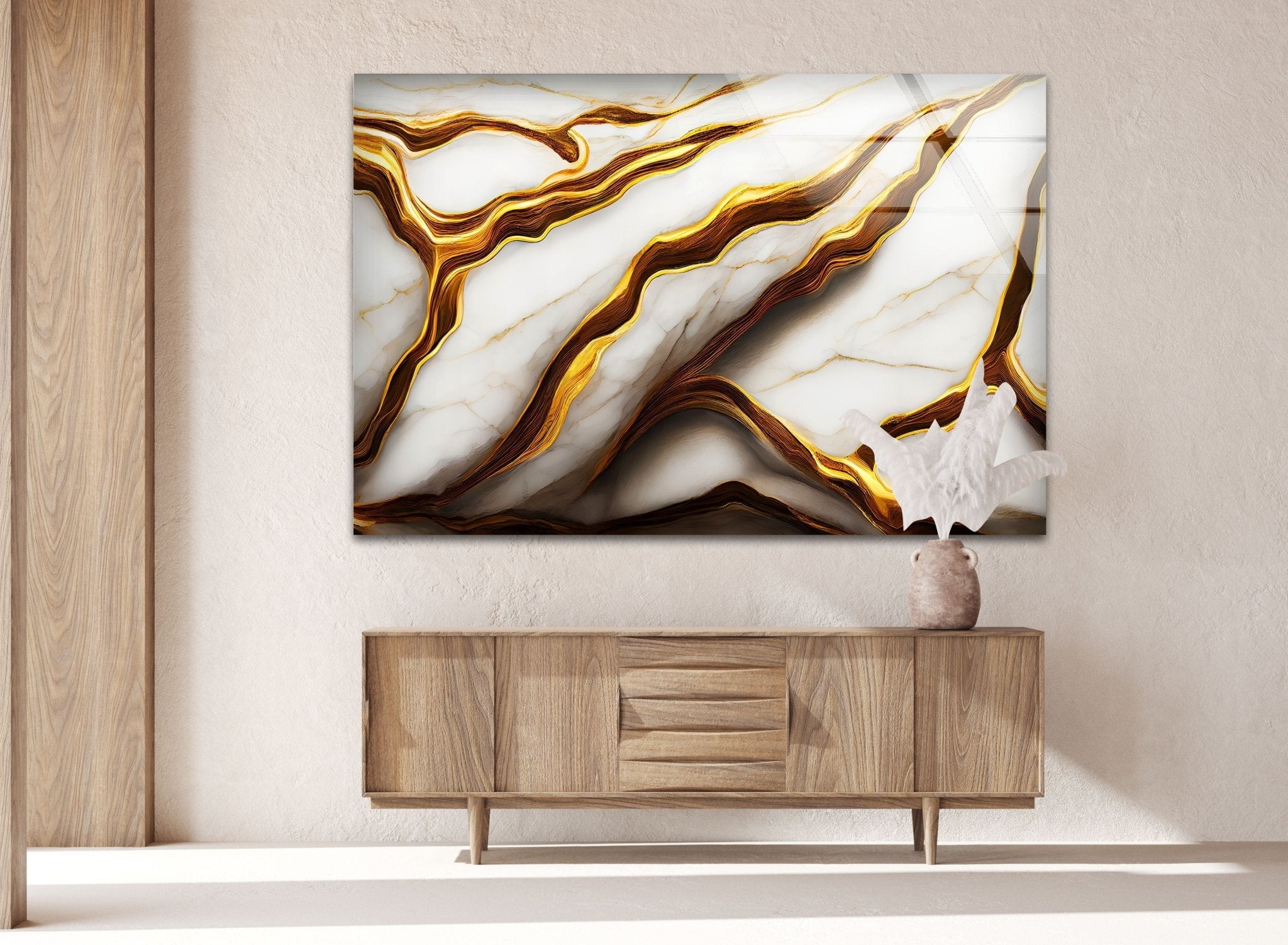 Abstract Golden Details Marble Glass Wall Art - Modern Home Decor for Living Room, Bedroom & Office | Elegant Handmade Glass Panel for Interior Design