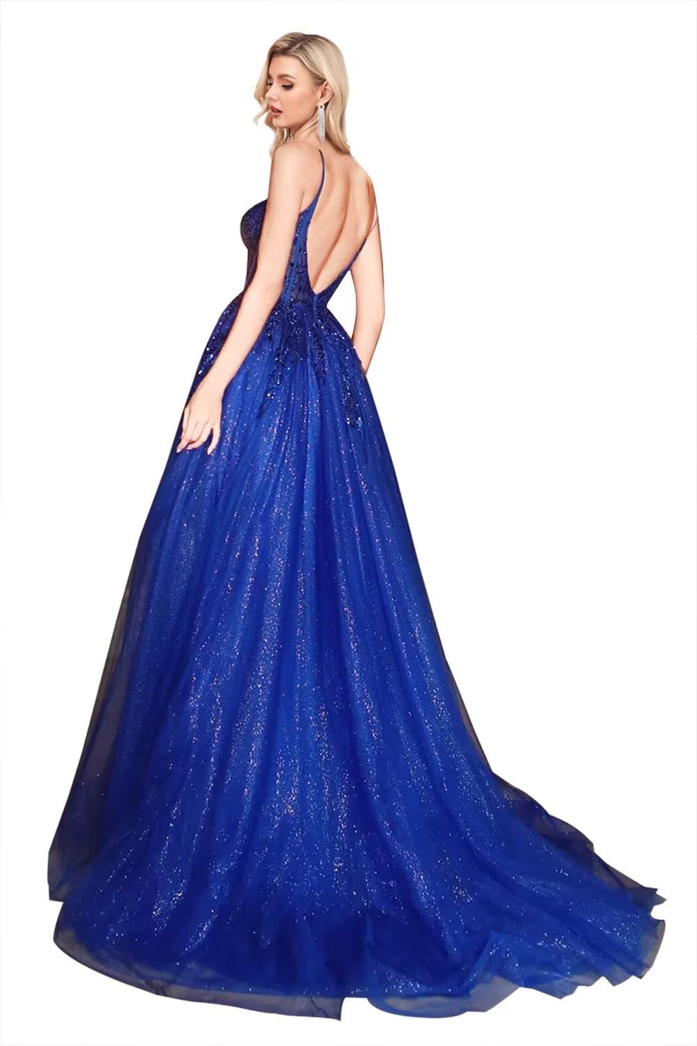 Homdor Sequin Applique Tulle Prom Dress - Long Spaghetti Straps V-Neck Ball Gown Glitter Formal Evening Gown for Homecoming, Wedding, Quinceañera & Special Occasions