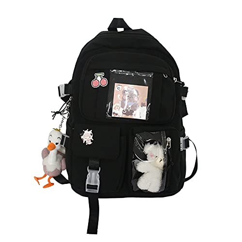 Cute Kawaii Aesthetic Backpack for School - Stylish Bookbag with Pins & Plush Duck Pendant, Lightweight Durable Back to School Supplies (Black) - Perfect for College, High School, Travel & Everyday Use