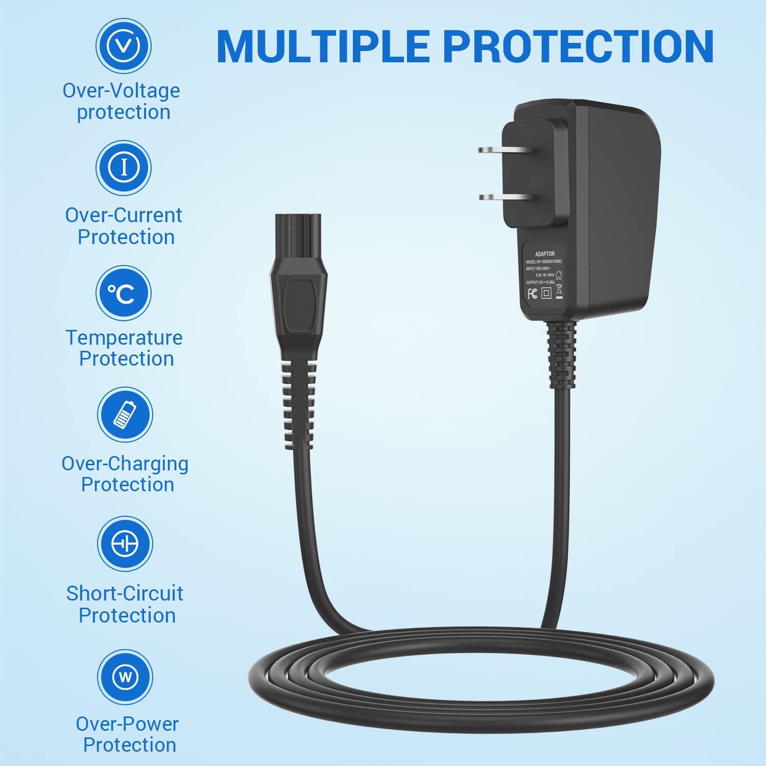 Philips Norelco HQ8505 7000 5000 3000 9000 Series Replacement Charger - 15V AC Adapter Power Cord for Electric Shaver Razor, Aquatec, Arcitec & Multigroom Beard Trimmer - Perfect for Travel, Home & Office Use