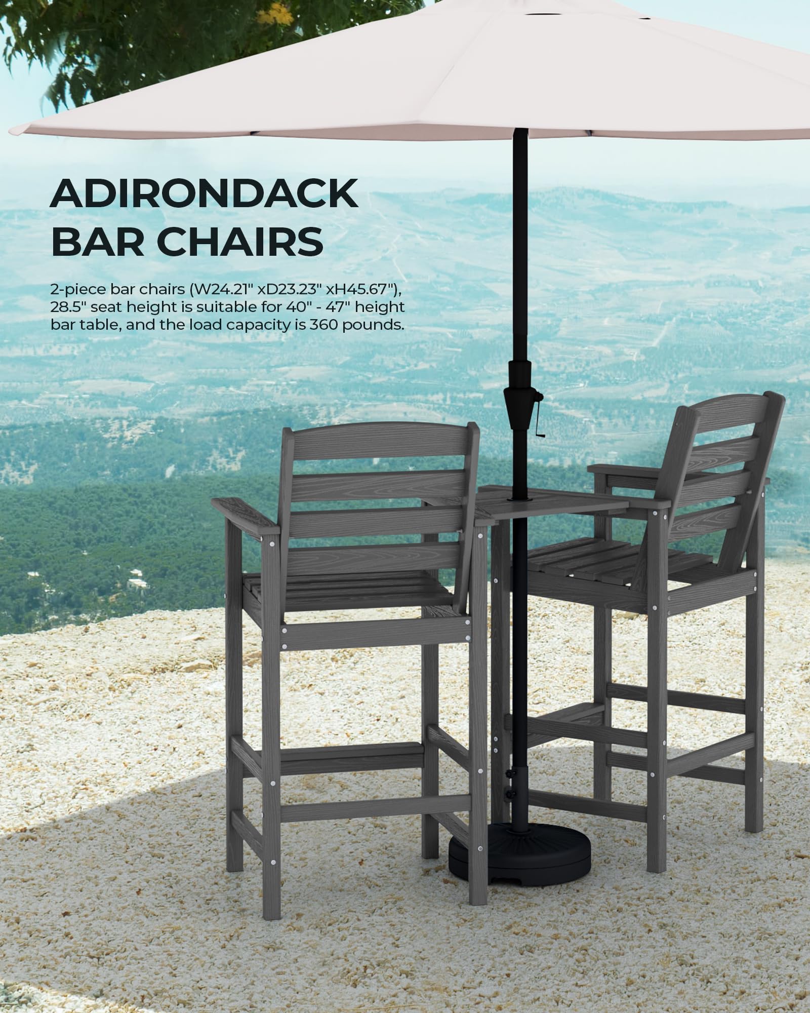 Premium SERWALL Tall Adirondack Chairs Set of 2 with Connecting Table - Outdoor Patio Furniture in Elegant Grey for Backyard, Garden, and Poolside Relaxation