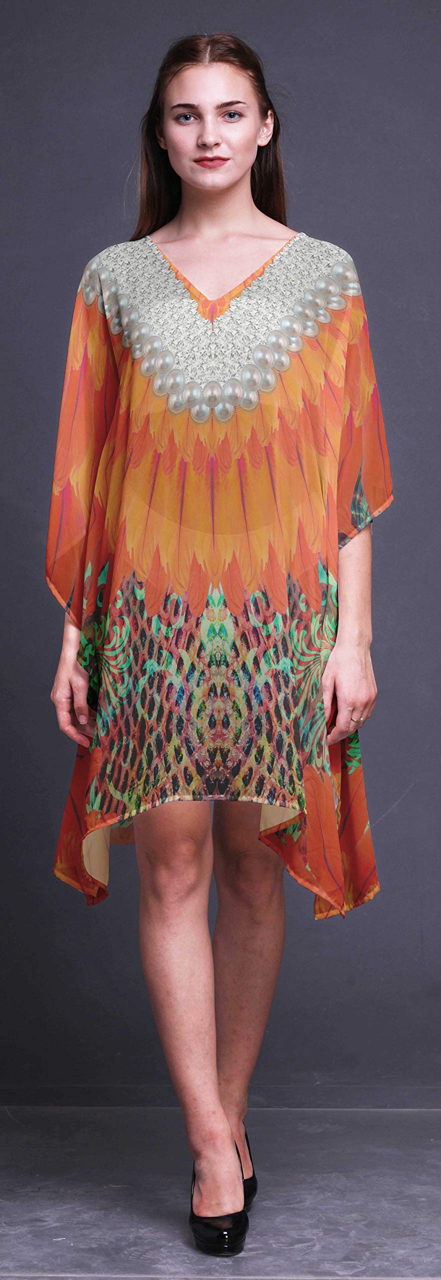 Women's Floral Short Beach Kaftan - Lightweight Bikini Cover Up Dress with Pockets, Summer Beachwear Swimwear Coverup for Pool, Vacation & Tropical Getaways