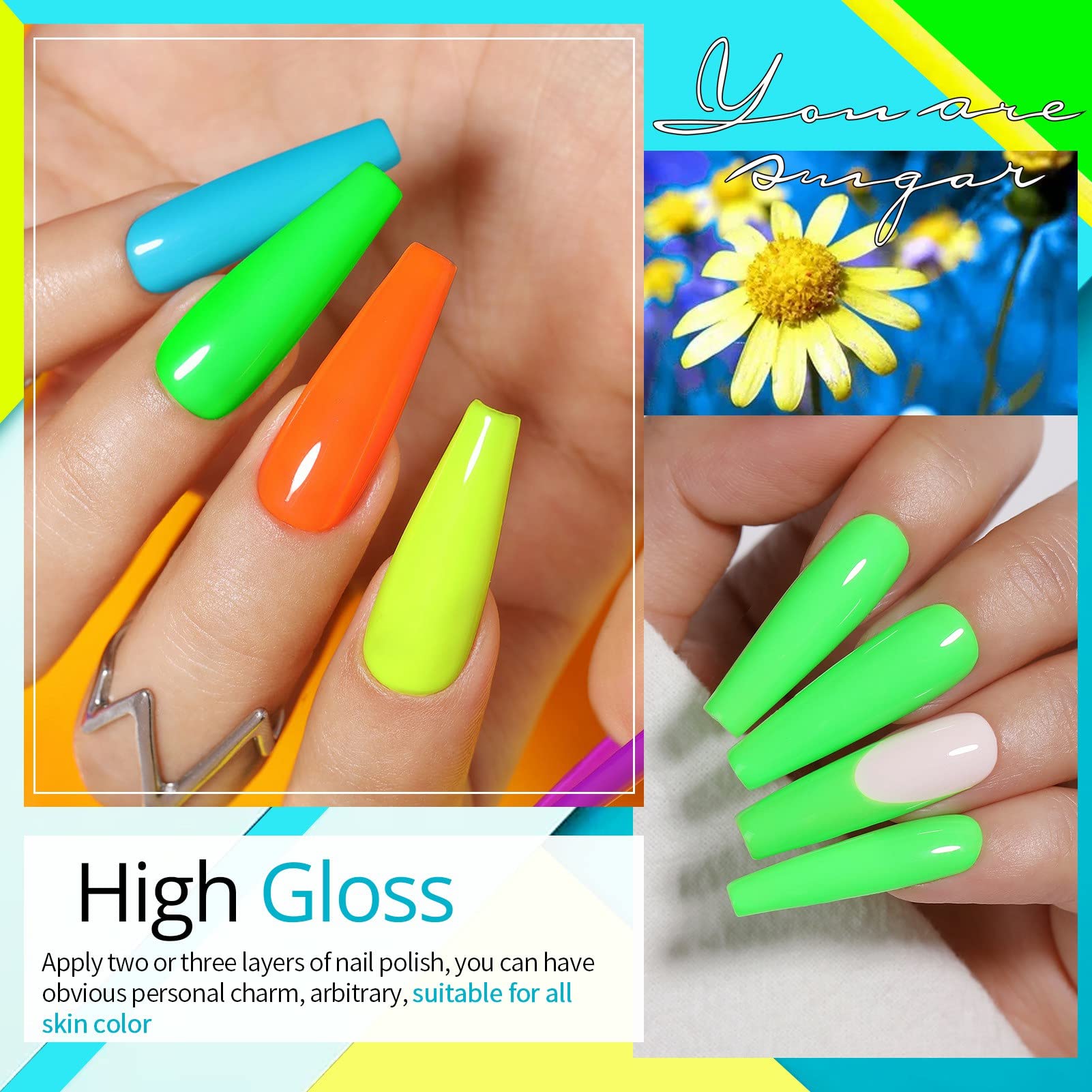 UR SUGAR Glow in the Dark Gel Nail Polish Set - 6 Neon Colors (Hot Pink, Yellow, Orange) for Halloween & Party Nails | Long-Lasting Fluorescent & Luminous Effect | Soak Off UV/LED Gel Polish Kit | Perfect for Night Events, Raves & Nail Art