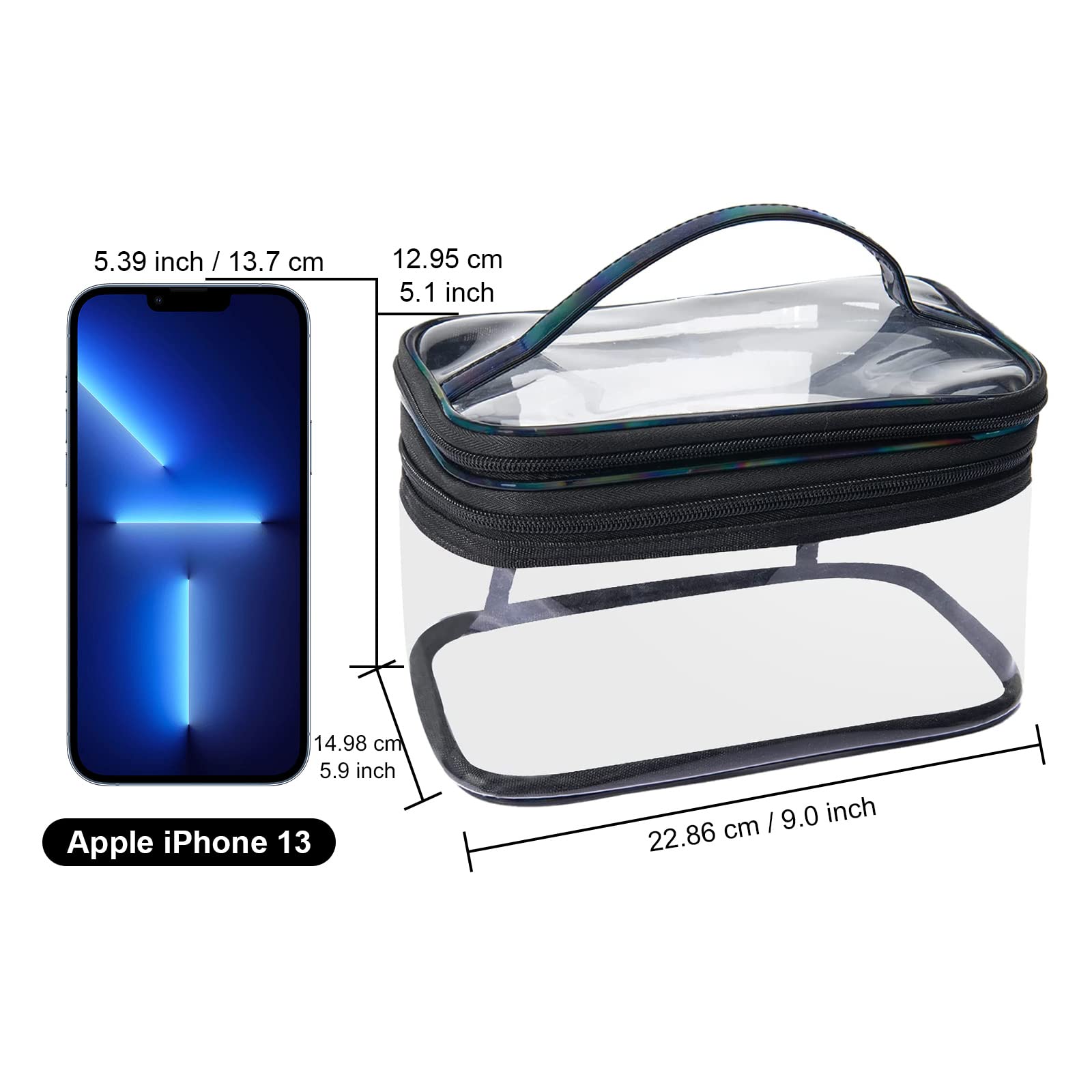 Lermende Large Clear Makeup Bag - 2 Layer Water-Resistant PVC Travel Cosmetic Organizer for Women | Portable Laser Makeup Pouch for Travel, Gym & Daily Use (Black)