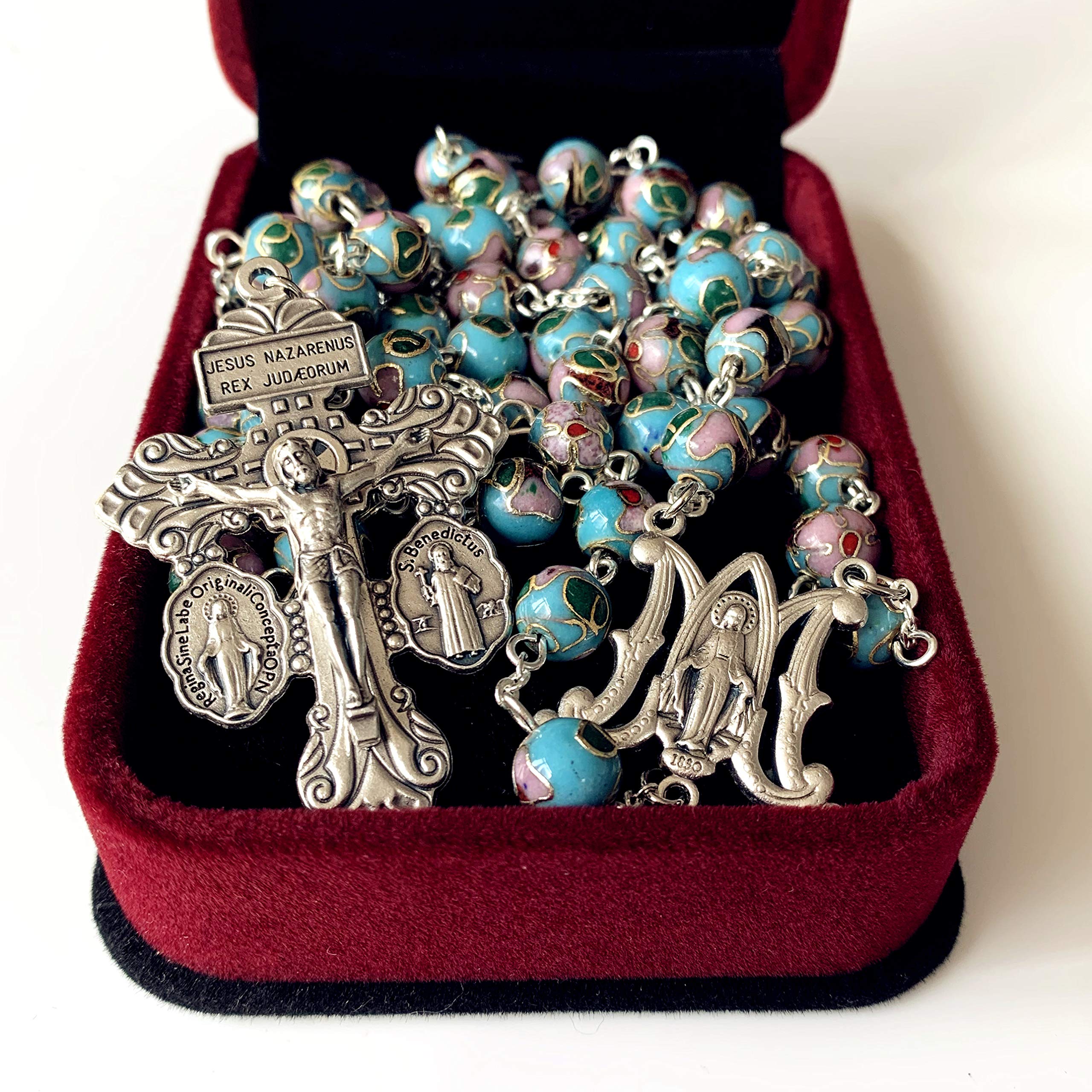 Handmade Blue Cloisonne Beads Rosary Necklace with Italy Cross - Elegant Catholic Jewelry Gift Set in Gift Box for Women, Baptism, First Communion & Religious Occasions