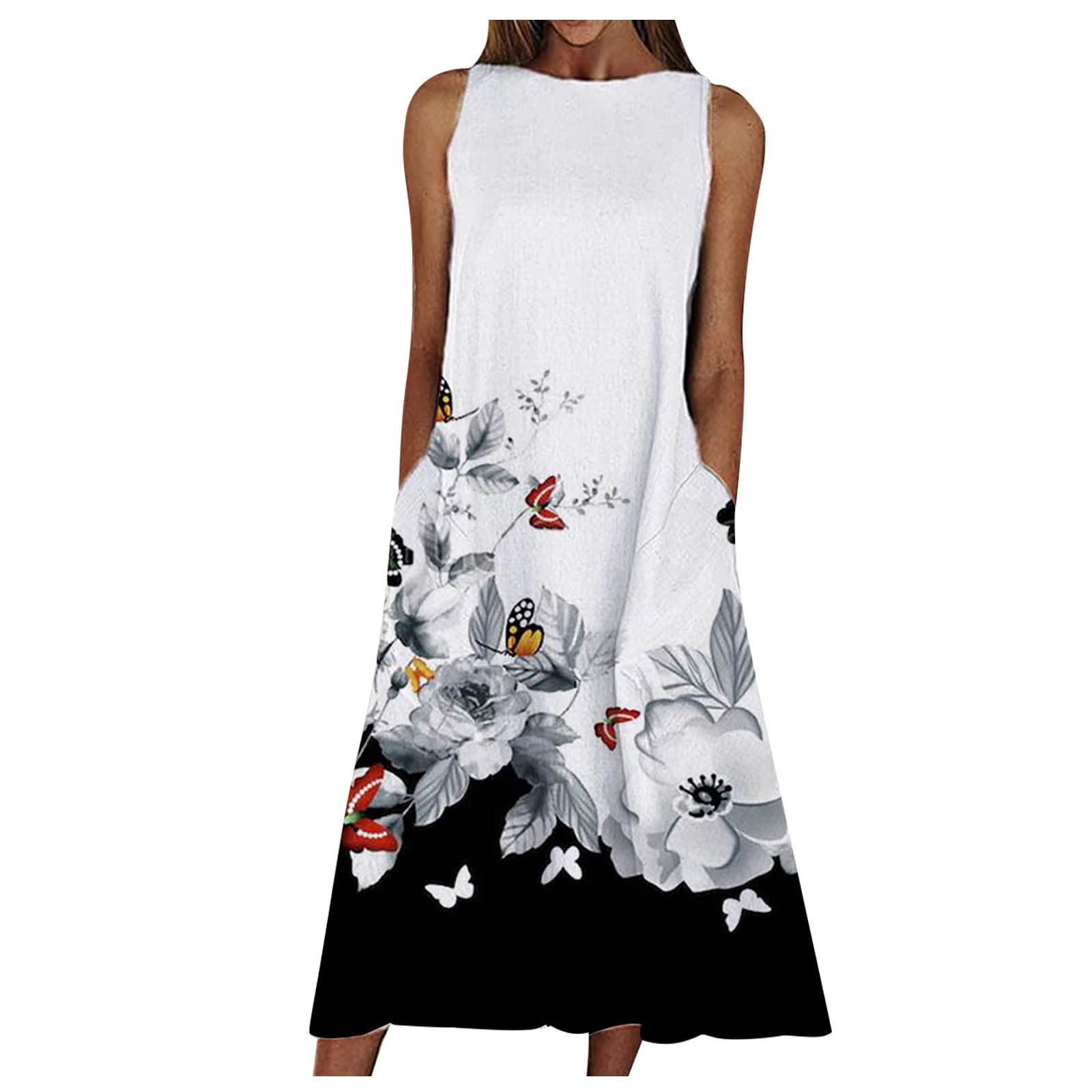 Longyy Women's Floral Printed Summer Dress - Crew Neck Sleeveless Swing Dress, Casual Loose Fit for Beach Vacation & Outdoor Parties | Perfect for Tropical Getaways, Poolside Lounging and Summer Date Nights