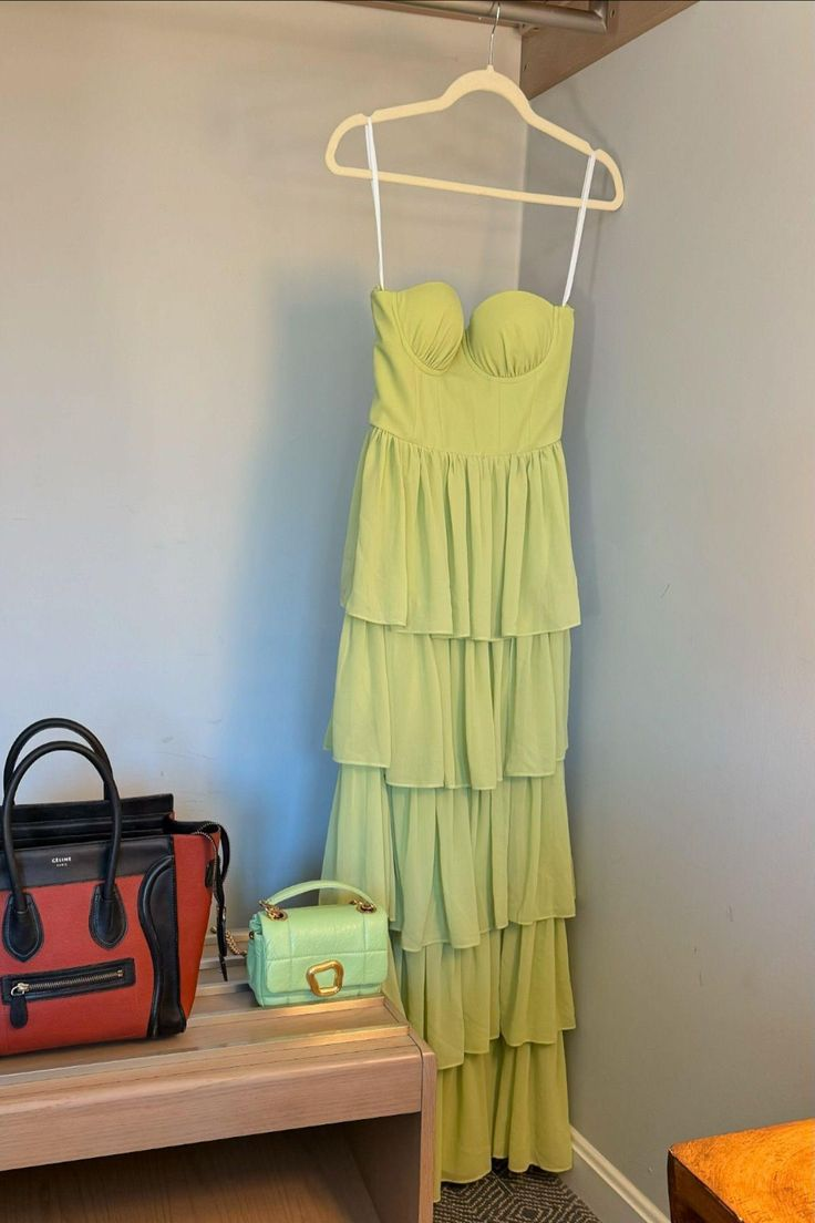 Elegant Green Chiffon Tiered Maxi Dress with High Slit - Formal Evening Gown J5682 for Weddings, Prom & Special Occasions