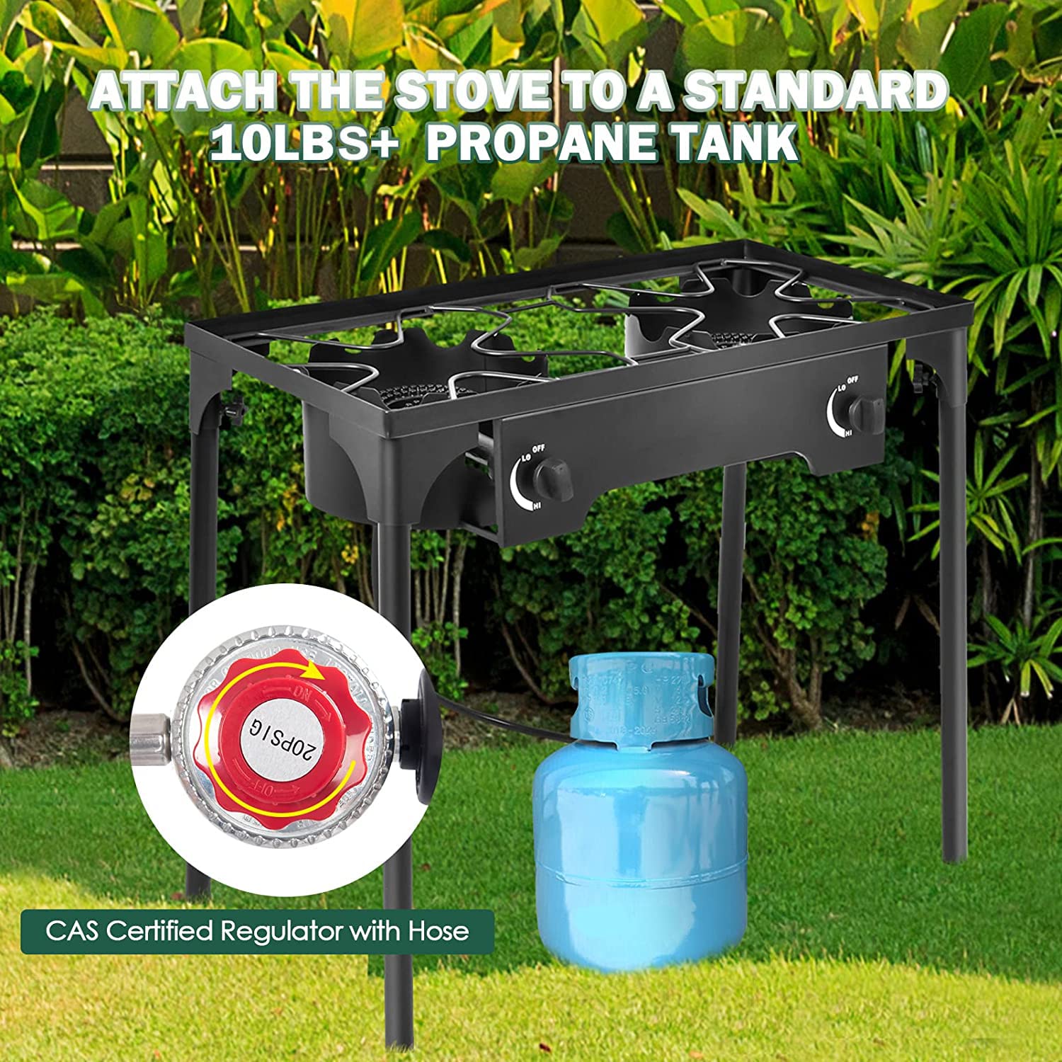 Goplus Dual Burner Propane Camping Stove - 150,000 BTU Outdoor Gas Cooker with Detachable Legs & 0-20 PSI Regulator - CSA Approved for Camping, Patio, RV & Backyard BBQs - Heavy Duty Cast Iron Construction