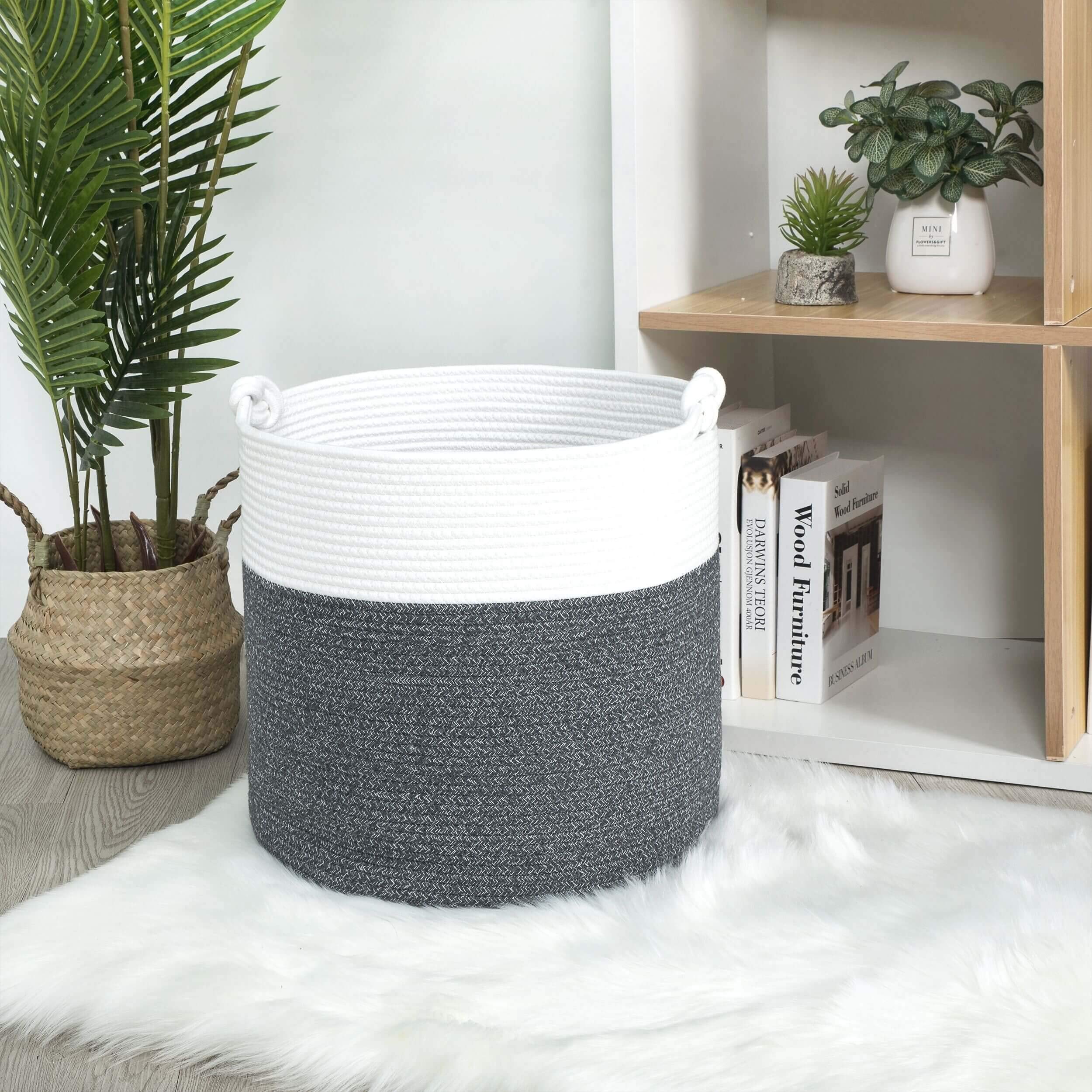MINTWOOD 15 x 14.2 Inch Woven Cotton Rope Storage Basket - Multi-Purpose Organizer for Toys, Laundry, Nursery, Blankets & Pet Supplies (Moonlight Grey) | Perfect for Home Decor, Baby Room & Closet Organization