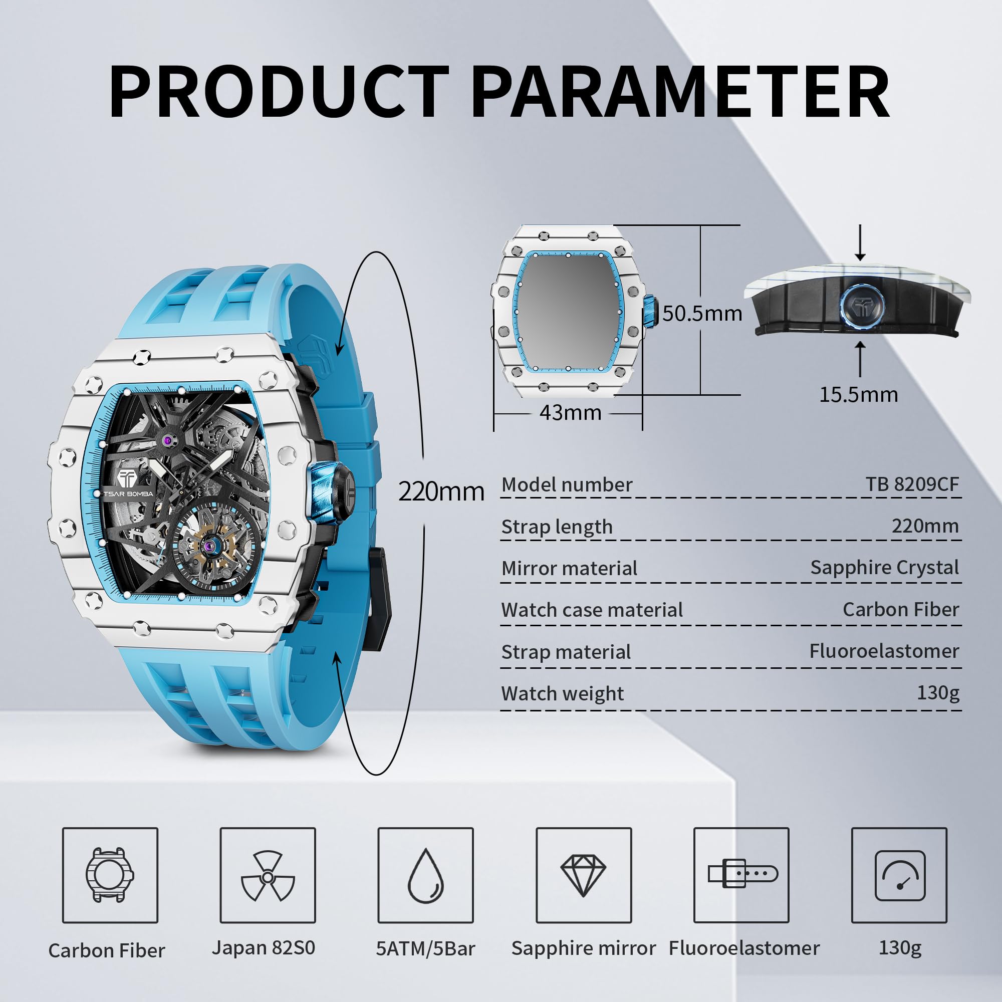 TSAR BOMBA Men's Luxury Automatic Skeleton Watch - Silver Square Big Face with Silicone Strap - 50M Waterproof Analog Wristwatch - Perfect for Business, Formal Events & Everyday Wear
