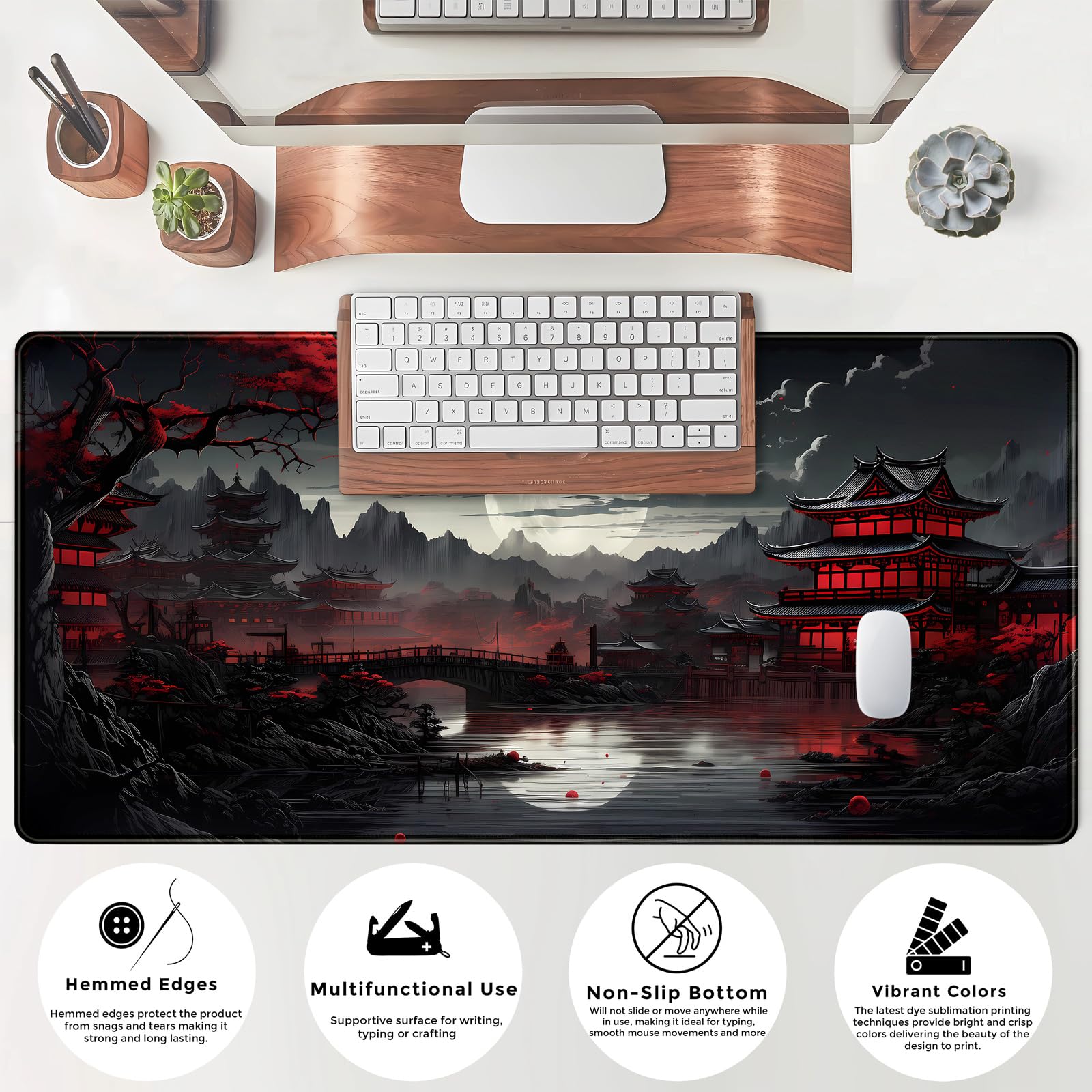 Japanese Riverside Full Moon Extended XXL Desk Mat - 31.5 x 15.7 Inch Large Gaming Mouse Pad & Keyboard Mat in Black & Red - Perfect for Office, Gaming Setup, and Laptop Computer Workstation Decor