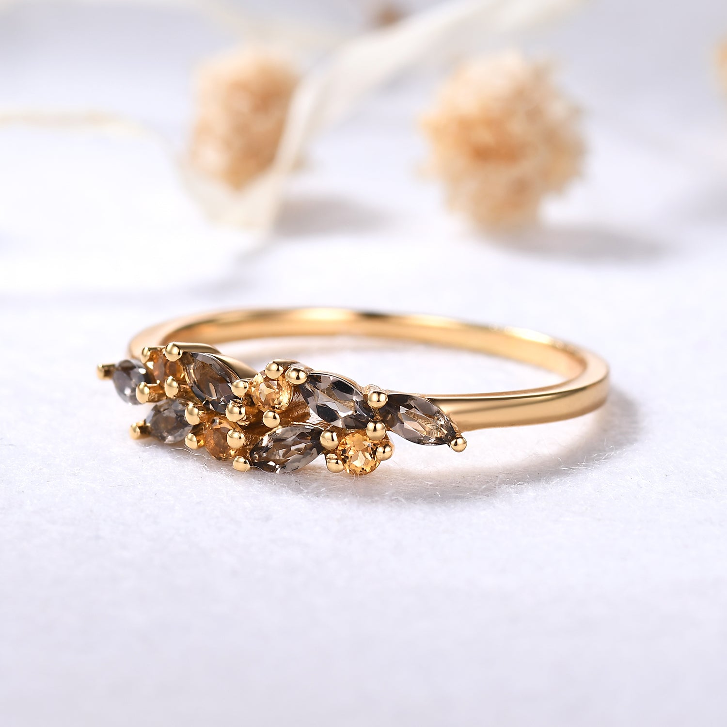 Vintage Smoky Quartz Citrine Wedding Band - Brown Gemstone Yellow Gold Ring for Women - Perfect for Engagement, Anniversary & Special Occasions