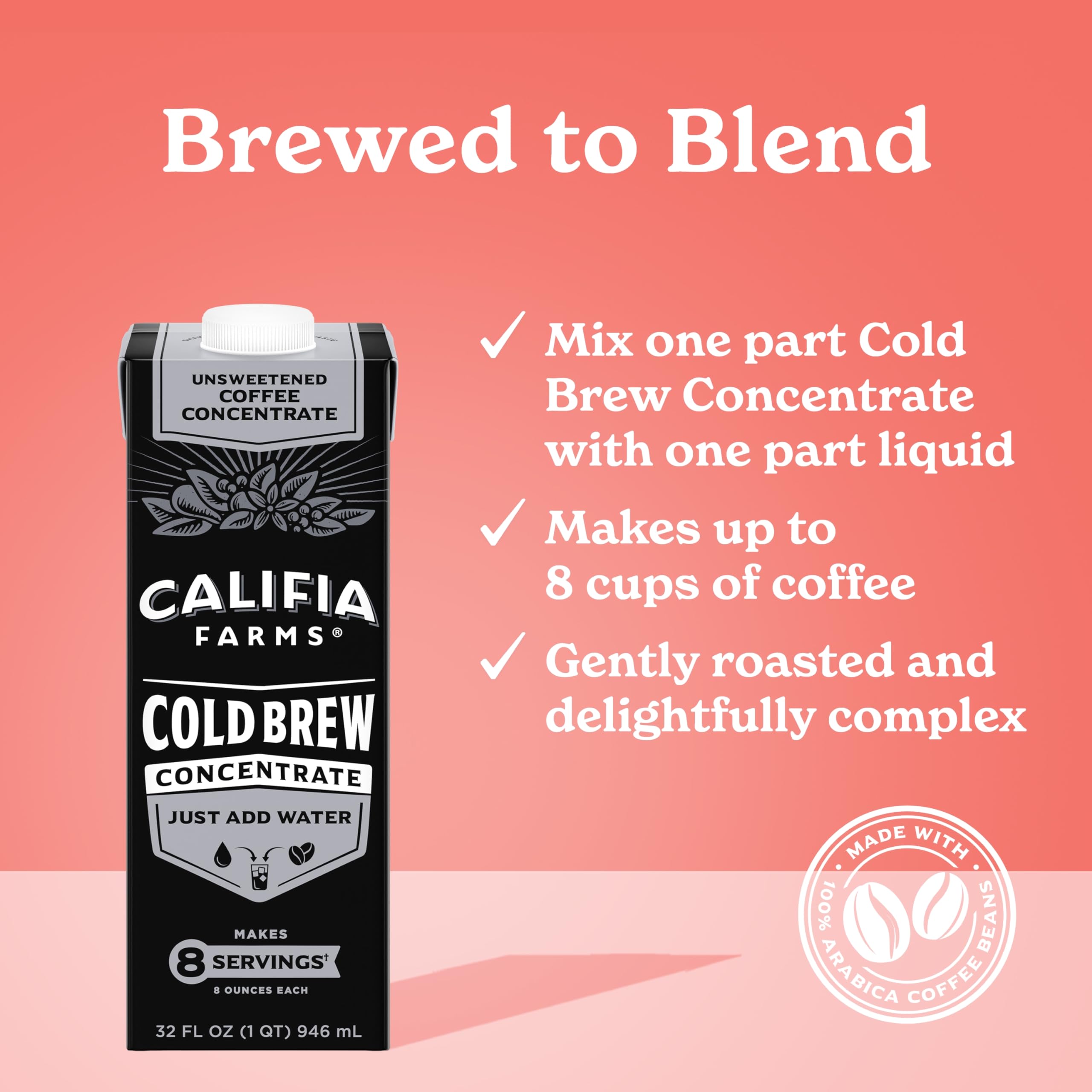 Califia Farms Unsweetened Cold Brew Coffee Concentrate 32 Oz - 100% Arabica, Shelf Stable, Vegan, Gluten Free, Non-GMO, Sugar Free | Perfect for Iced Coffee, Smoothies & Baking at Home or Office