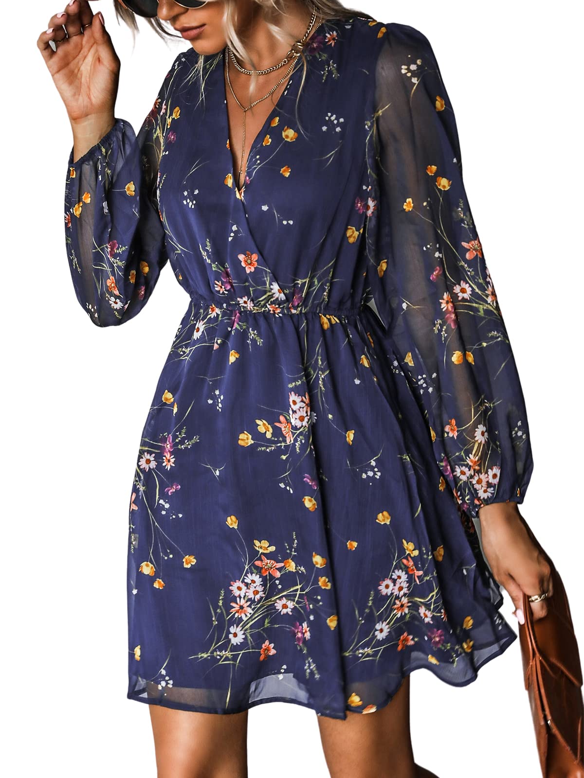 CUPSHE Women's Mini Dress Casual V-Neck Chiffon Long Sleeve Flowy Summer Dress for Beach, Vacation & Date Night