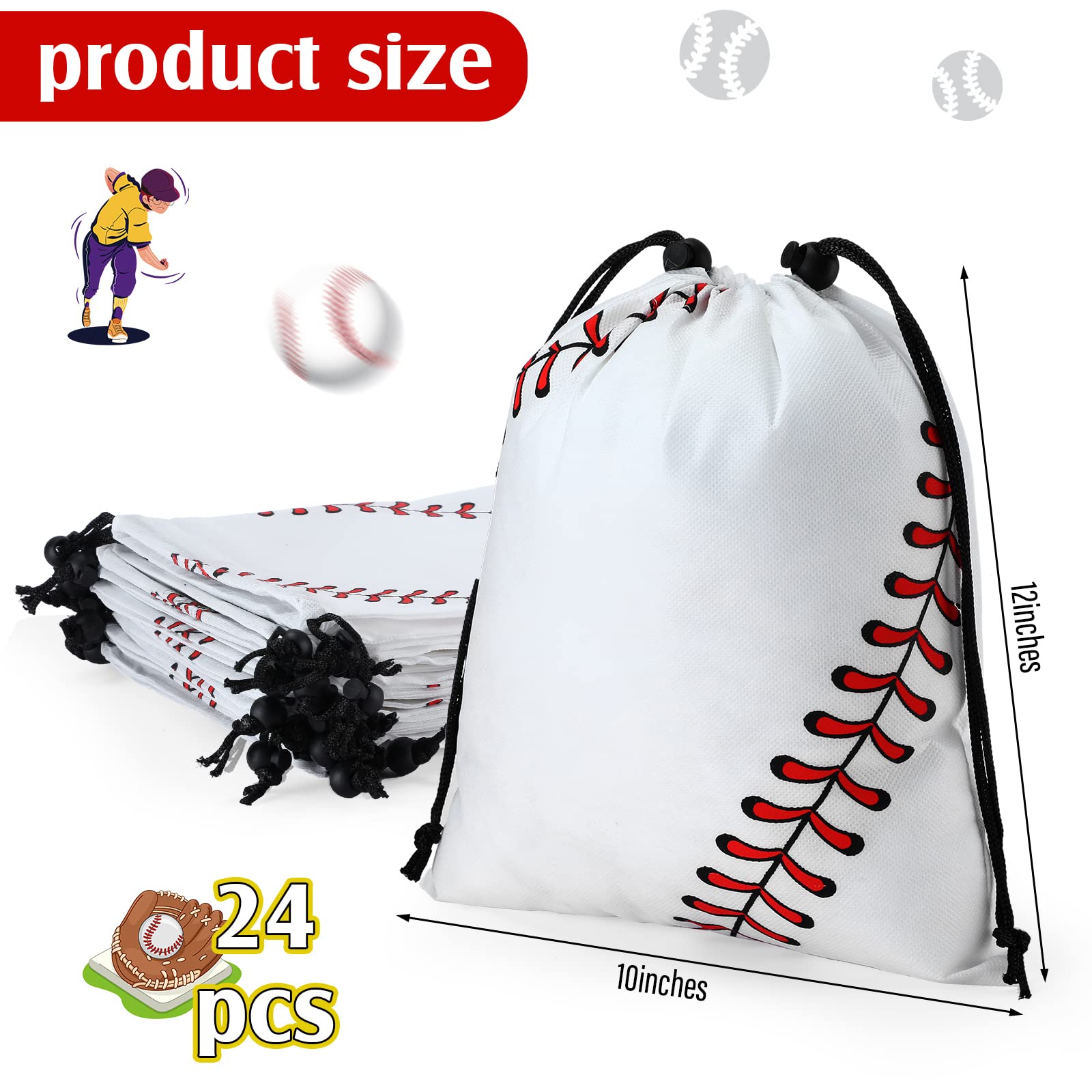 Nuogo 24 Pack 10x12 Inch Baseball Drawstring Bags - Sports Party Favors, Team Gifts & Goodie Bags for Candy, Snacks & Small Toys - Perfect for Baseball Games, Birthday Parties & School Events