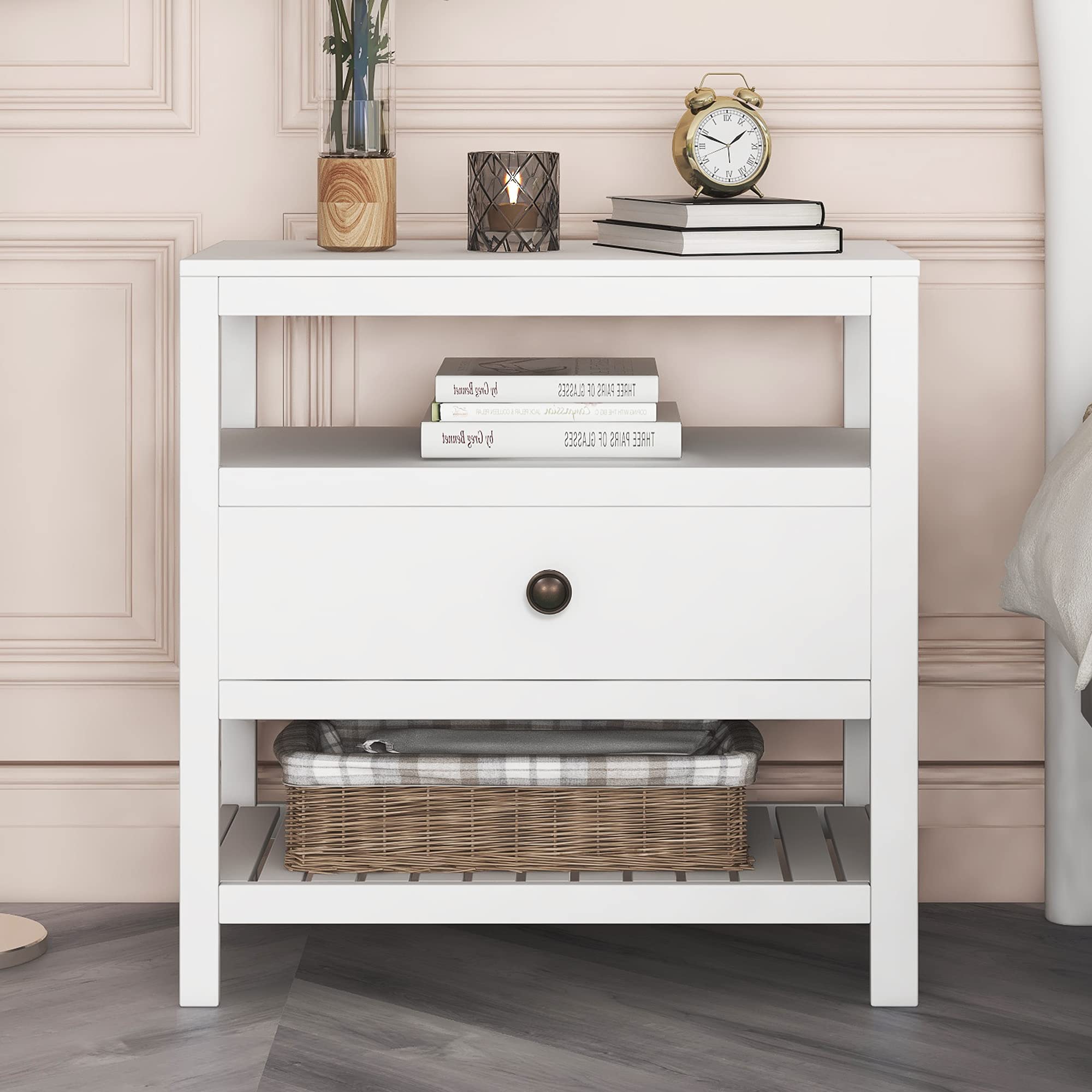 Modern Nightstand for Bedroom - White Bedside Table with Storage Drawer & Shelf, Sofa Side Table, End Table Cabinet - Perfect for Bedroom, Living Room & Office Organization