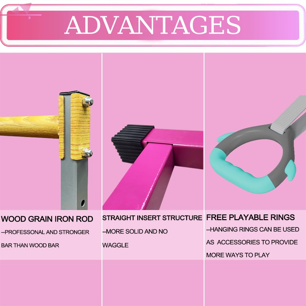 Adjustable Gymnastics Bar for Kids with Rings Set - 7 Height Levels, Foldable Monkey Bars for Home Training, Max Load 300LBS - Perfect for Indoor Playroom & Backyard Fitness