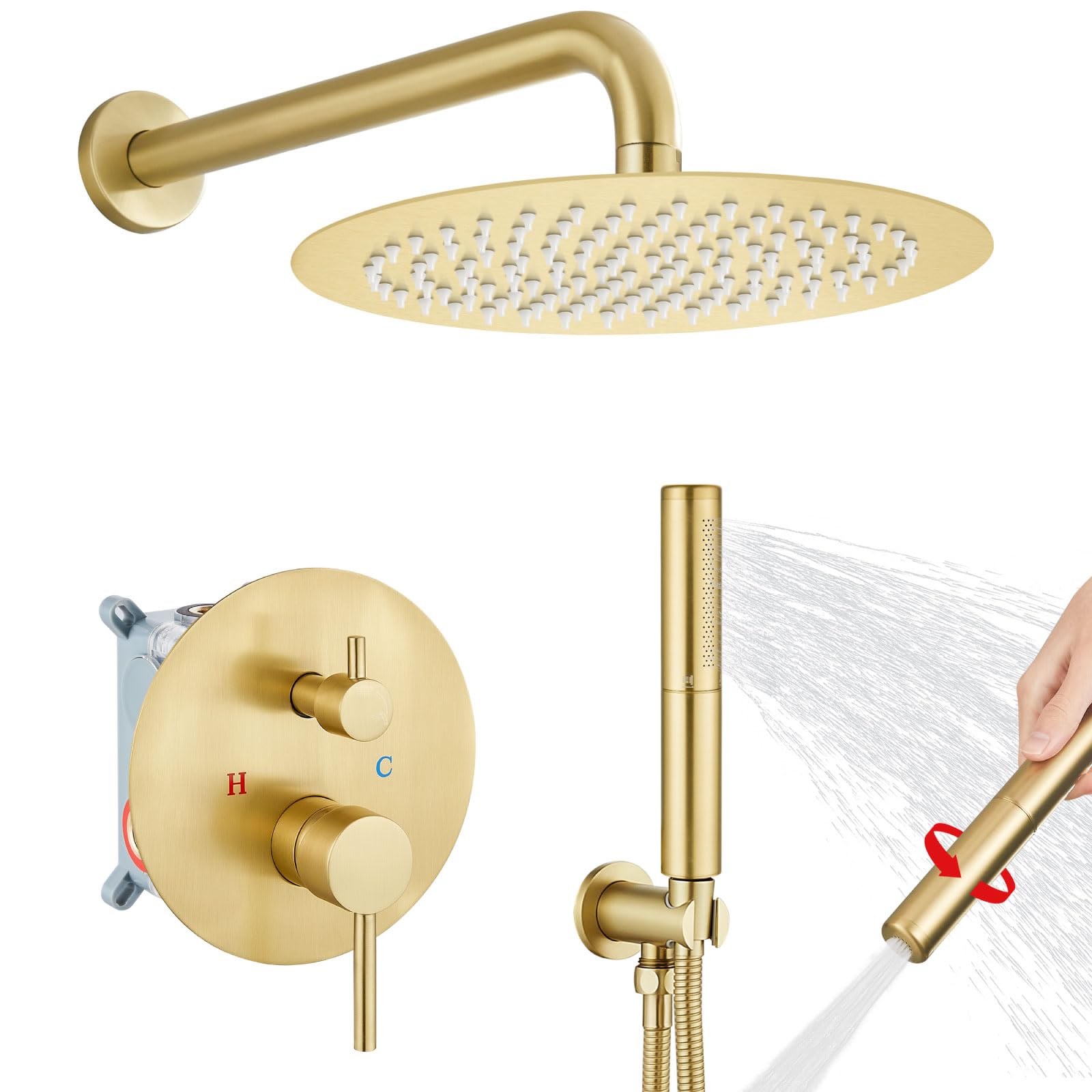 Airuida 2-Function Wall Mounted Shower Faucet Set - High Pressure Brass Handheld Shower with Rough-in Valve & 12 Inch Round Rainfall Shower Head in Brushed Gold | Perfect for Modern Bathroom Renovations & Spa-Like Shower Experience
