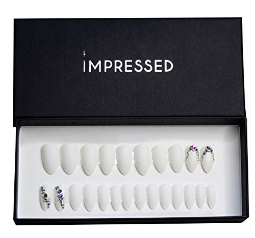 IMPRESSED Luxury Press on Nails 24pcs - Long Coffin Fake Nails with Matte White Rhinestone Design & Adhesive Glue Tabs - Perfect for Weddings, Parties, and Special Occasions