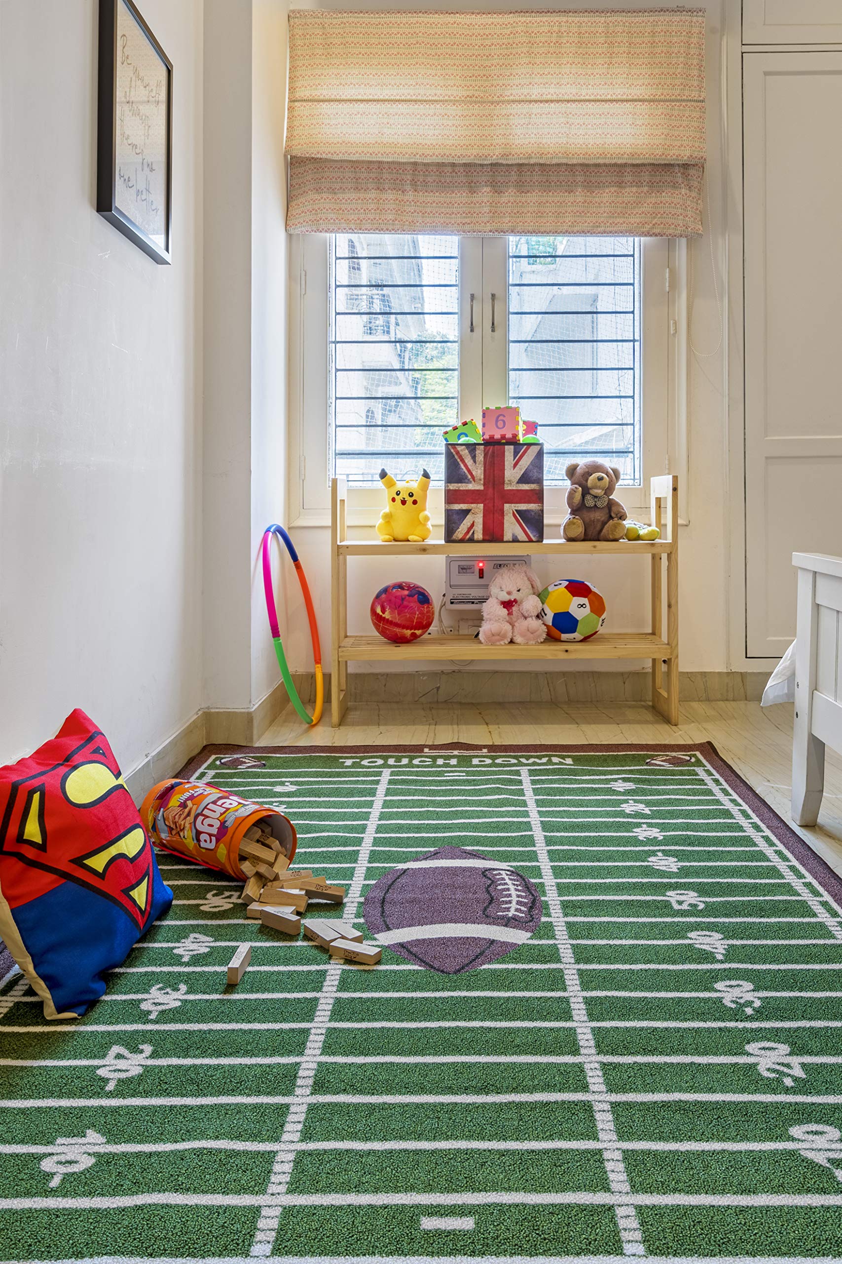 700 Corner Football Play Area Rug for Kids - Non-Slip Playroom, Bathroom & Classroom Rug - Green Football Field Design (7'10